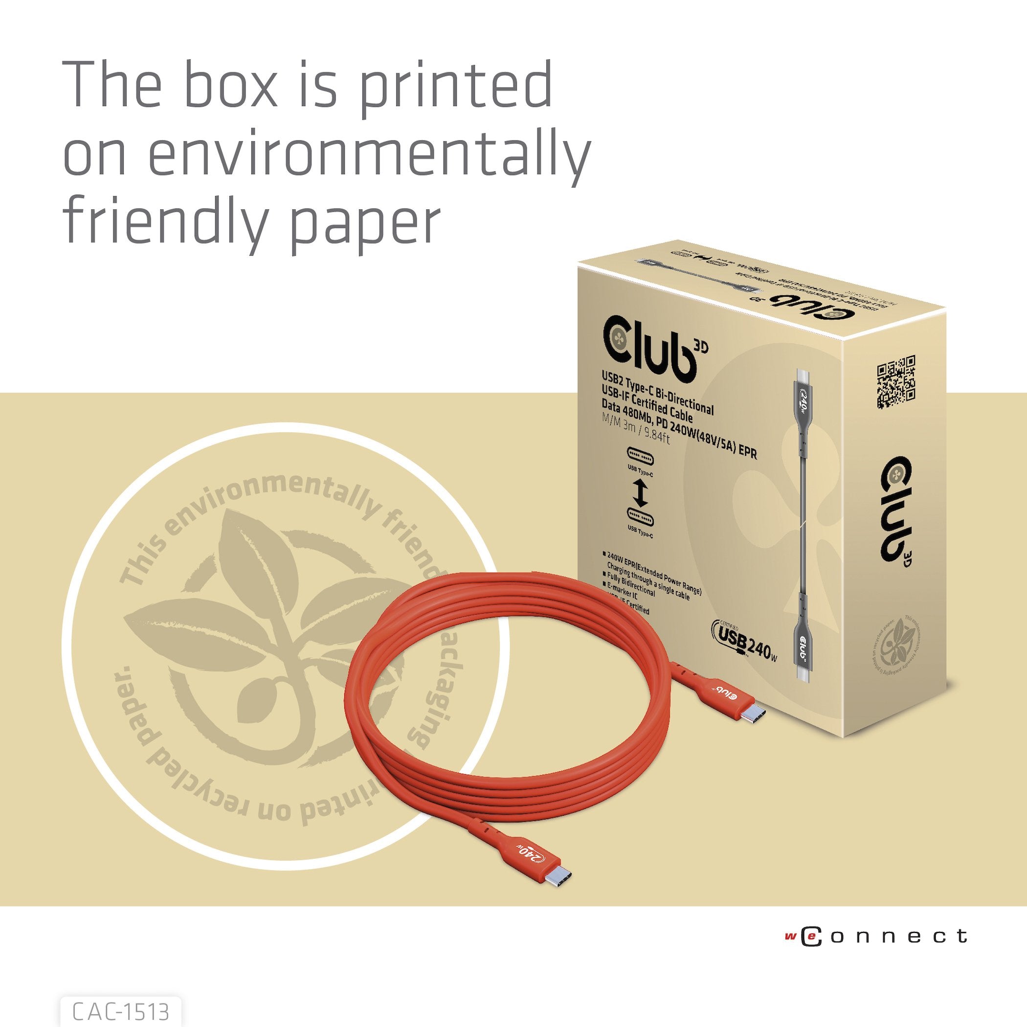 Club3d Cable Certificado Usb2 Tipo C Bidireccional Usb-If Datos 480 Mb, Pd 240 W (48 V/5 A) Epr M/M 3 M/9,84 Pies