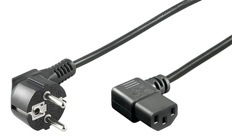 Power Cord Cee 7/7 - C13 1m - Angled Schuko/Angled C13 - Black H05vv-F3x0.75mm2 Cu, Male-Female - Warranty: 300m