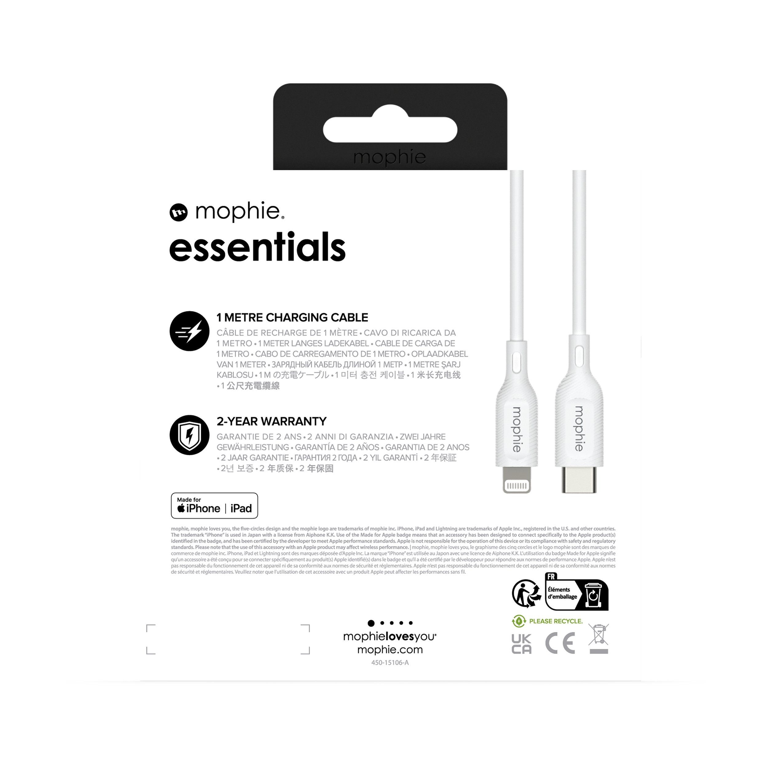 EAN 0840056185746 - mophie essentials Lightning to USB-C | charging cable (1M) Blanco imagen 5