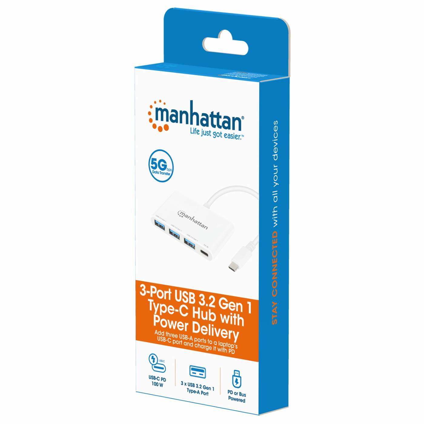 Manhattan 3-Port Usb 3.0 Typ-C Hub Con Pd Port 3x Usb-A Blanco