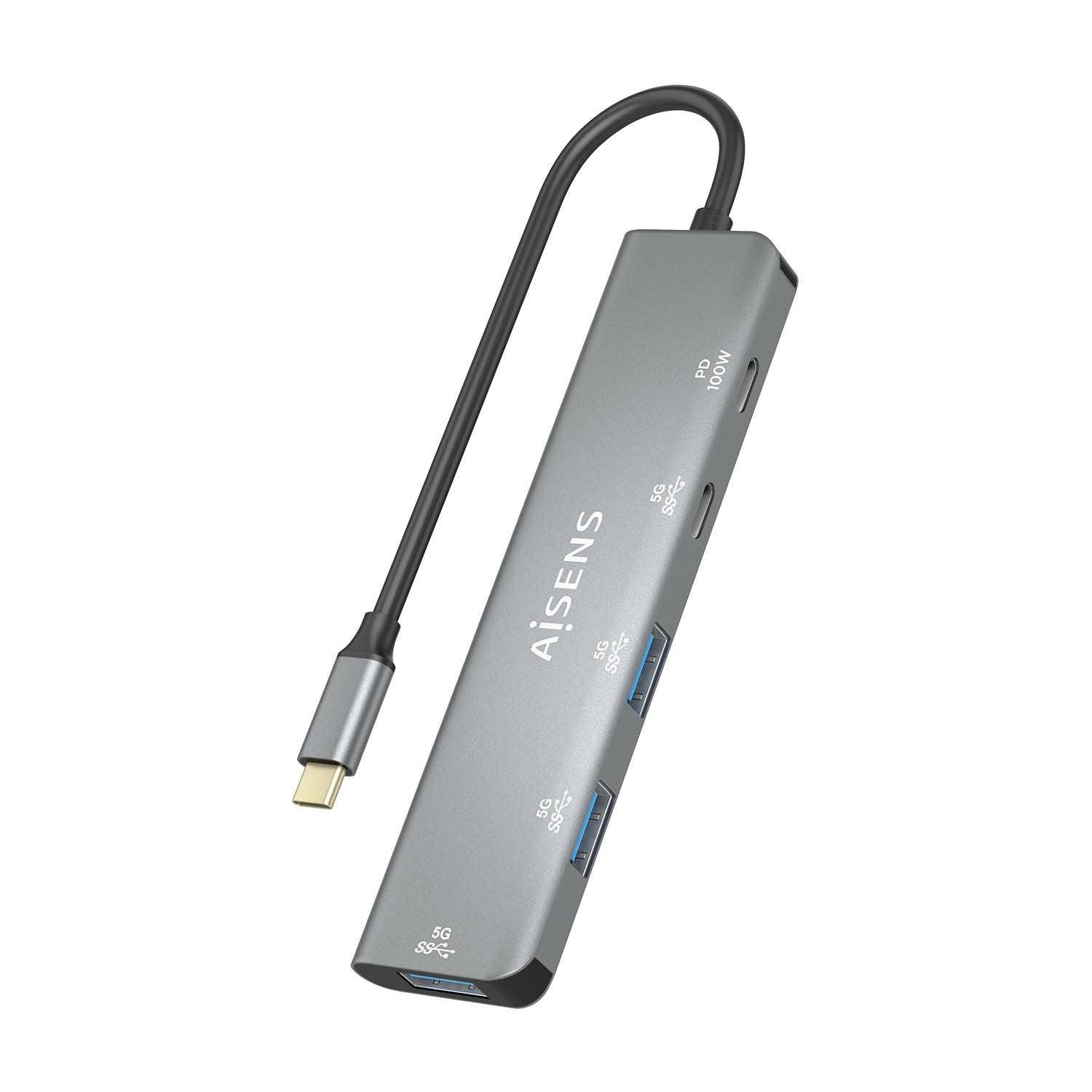 Aisens Hub Usb 3.2 Gen1 5g Usb-C, Usb-C/M-1xusb-C Pd100w/H-1xusb-C/H-3xusb-A/H, Gris, 15cm