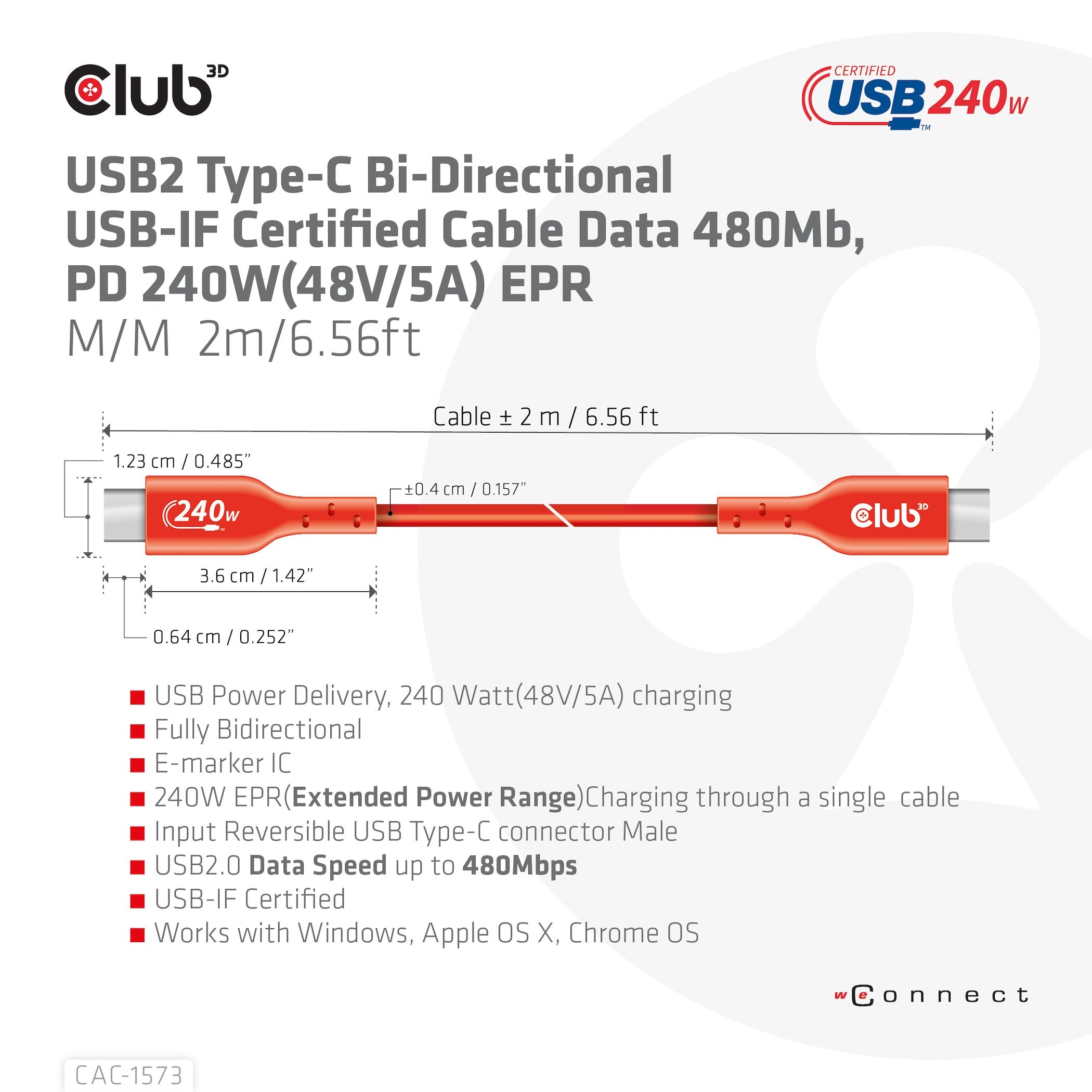 Club3d Cable Usb Tipo C Pd 240w / 480mb 2m M/M Retail