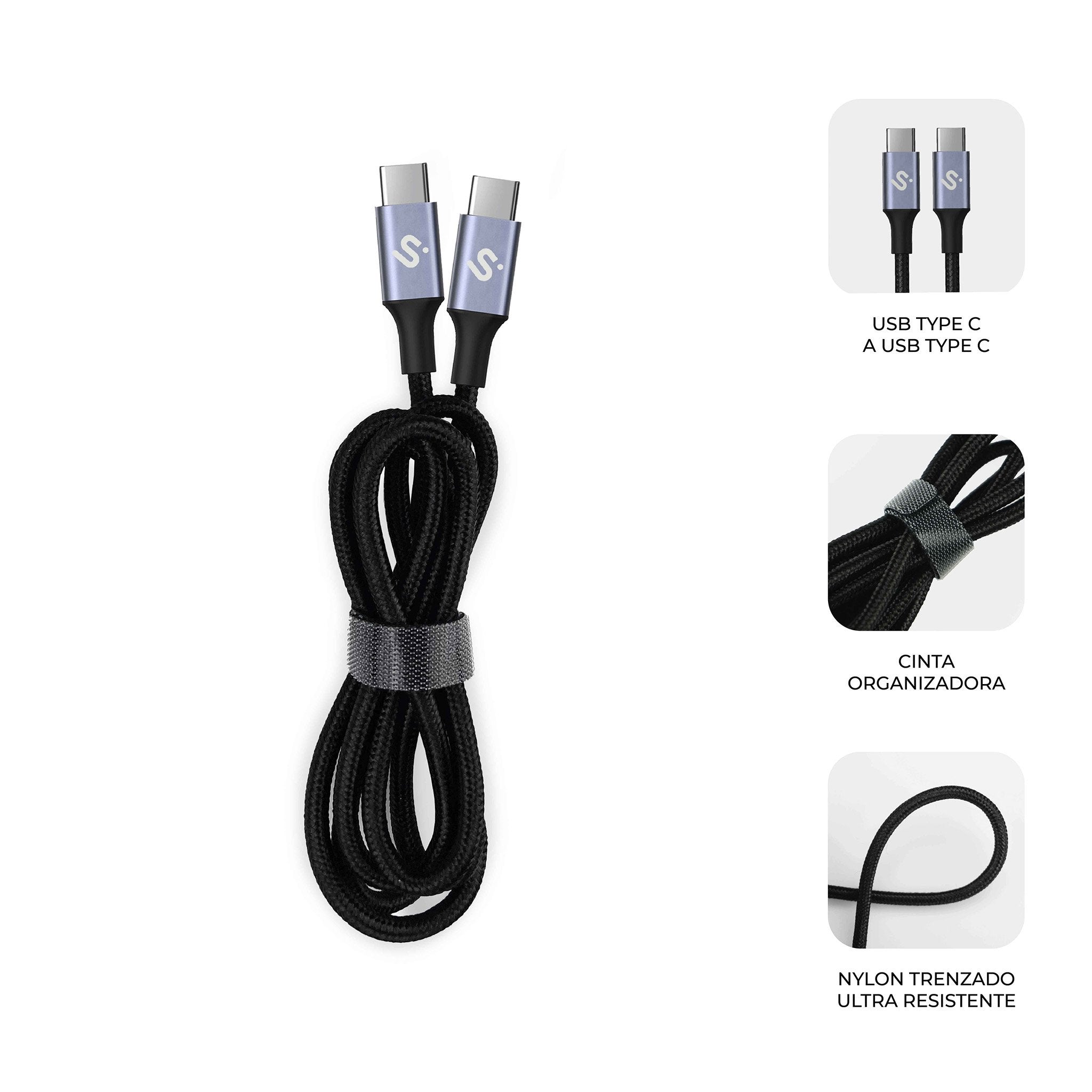 Cable Plus 100w Usb-C/Usb-C 1 M Negro Subblim 100w/ Longitud: 1m/ Usb-C &Harr; Usb-C/ Pd 3.0 Y Qc 3.0,