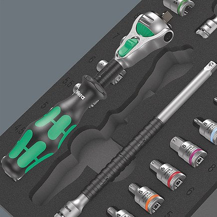 Wera 9720 Inserto De Espuma 8000 A Zyklop Trinquete 1/4" Juego 1, 37 Piezas, Juego De Herramientas Negro/Gris, Juego De Trinquete Y Vaso, En Inserto De Espuma Para Carro De Taller