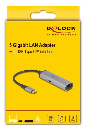 Delock Usb Type-C Netzwerk Adapter 5 Gigabit Lan 1 X Rj45 Mit Power Delivery Pd 3.1 140 Watt