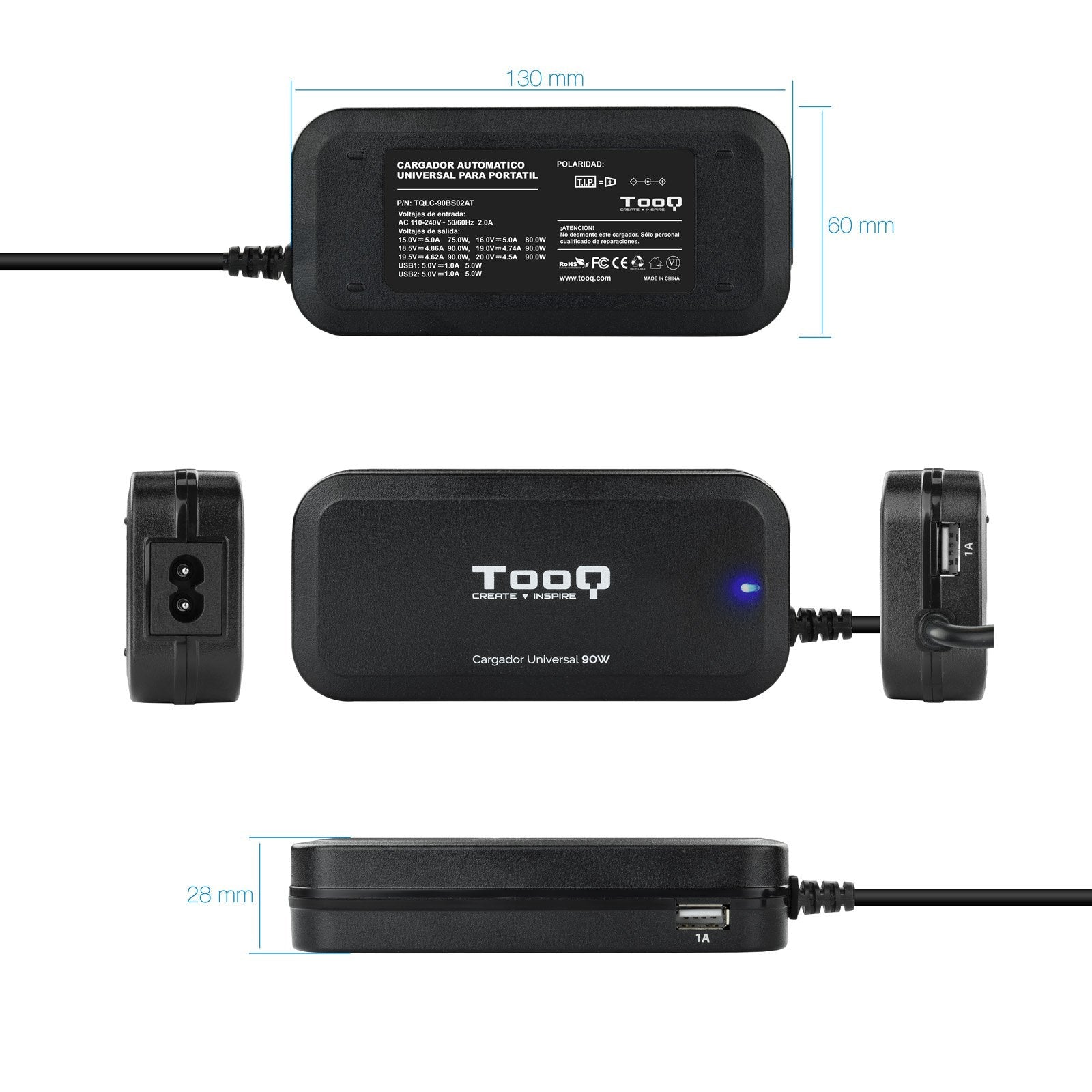 Tooq Cargador Universal Automatico Para Portatil 90w - 2x Usb - 12 Adaptadores - Voltaje 12-20v