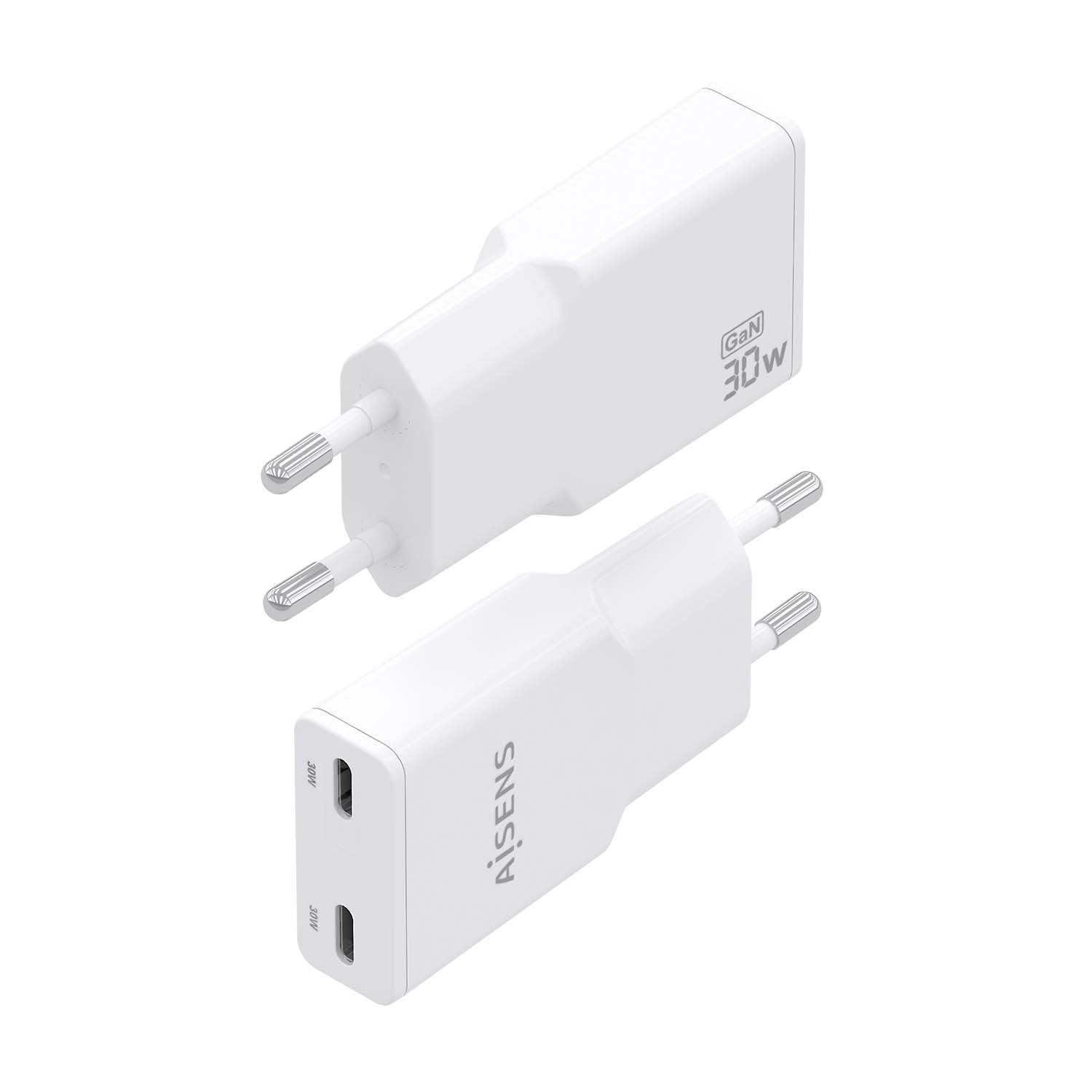 Aisens Cargador Gan Ultra Delgado 30w, 2xusb-C Pd3.0 Qc4.0, Blanco
