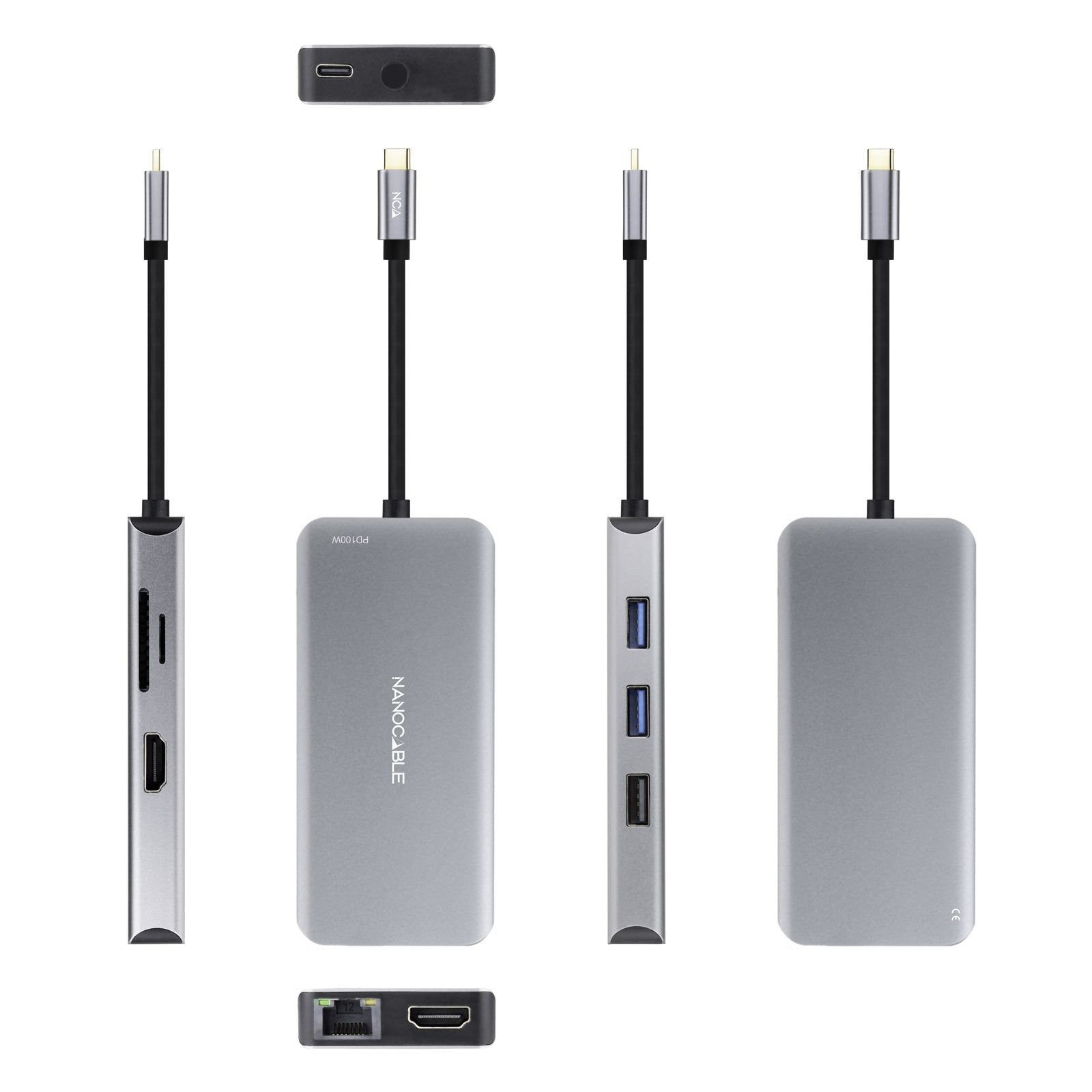 Nanocable Hub Usb-C 9 En 1 -Conversor Usb-C A 3 X Usb-A + 2 X Hdmi + Rj45 + Tf + Sd + Usb-C Pd 100w - Aluminio - 15cm -