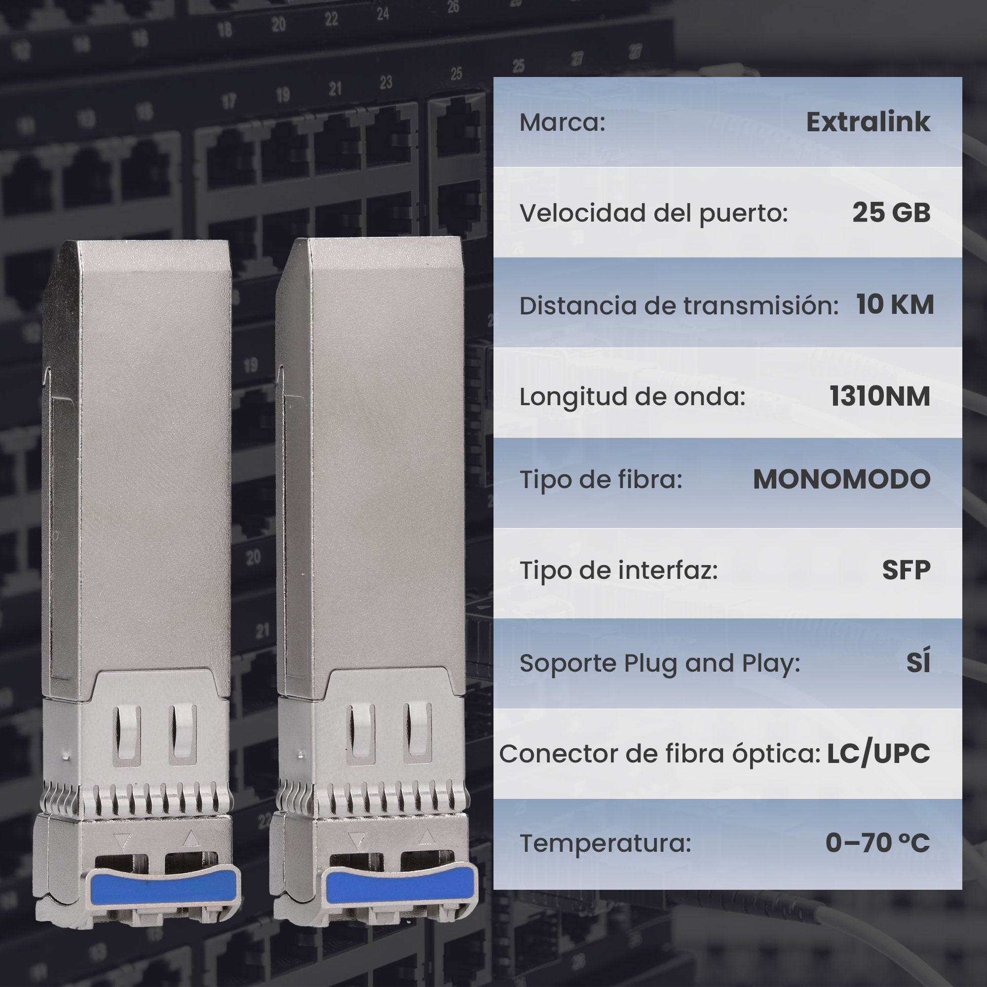 EAN 5906168633188 - Extralink SFP28 25G 2-Pack | SFP28 Module | 25Gbps, LC/UPC Duplex, 1310nm, 10km, single mode, DOM red mod imagen 8
