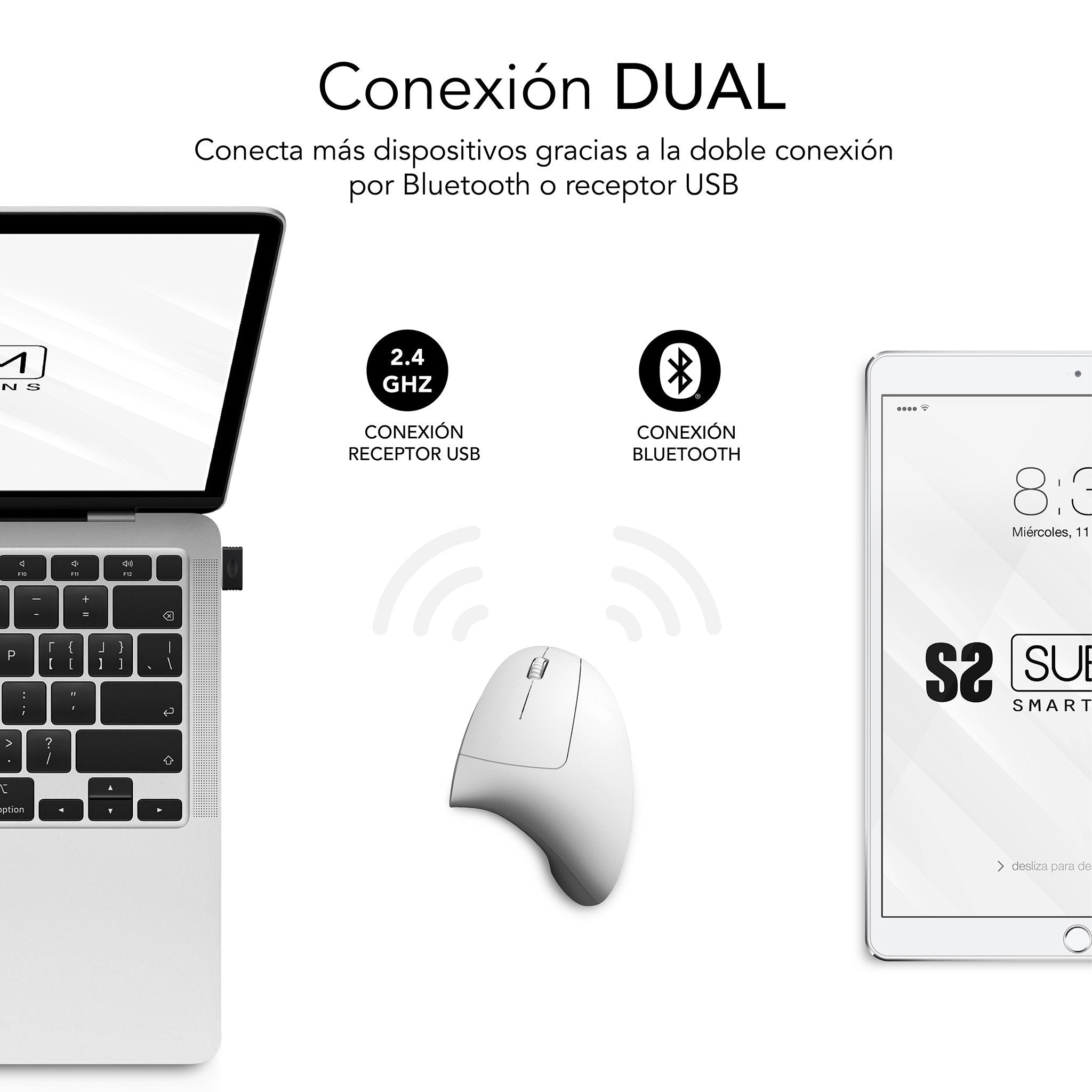 EAN 8436586743062 - SUBBLIM RATON OPTICO DUAL GLIDE VERTICAL ERGO DUAL BATERIA BLANCO ratón Universal mano derecha Bluetooth imagen 2