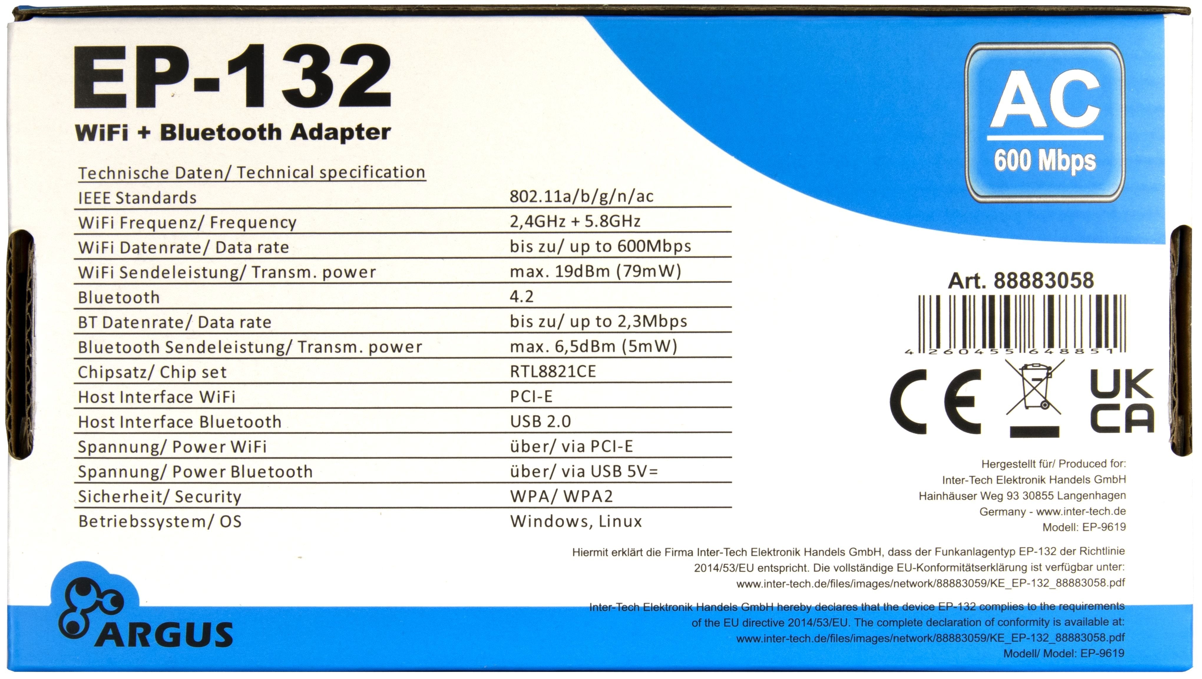 EAN 4260455648851 - Inter-Tech EP-132 Interno WLAN / Bluetooth 600 Mbit/s imagen 4