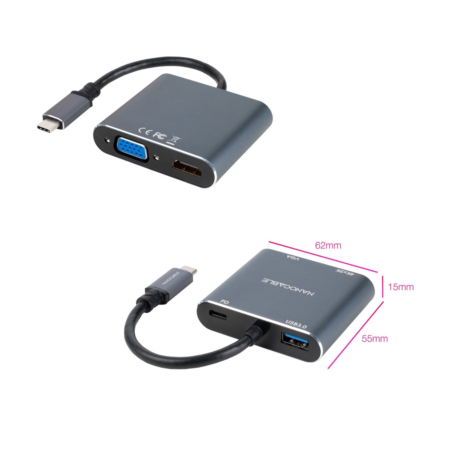 Nanocable Conversor Usb-C A Hdmi, Vga, Usb 3.0 Y Usb-C Pd - Longitud Del Cable 15cm - Gris