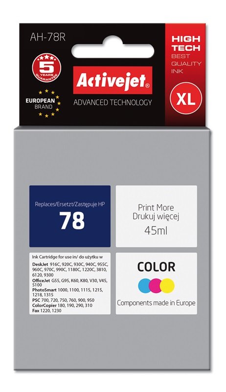 Tinta Activejet Ah-78r (Reemplazo Para Hp 78 C6578d Premium 45 Ml Color)