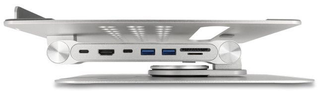 Delock 18457 Soporte Para Tablet Y Laptop Con Estación De Acoplamiento 4k Integrada - Hdmi / Lector De Tarjetas / Concentrador / Pd 3.0 90 W - 360° Giratorio