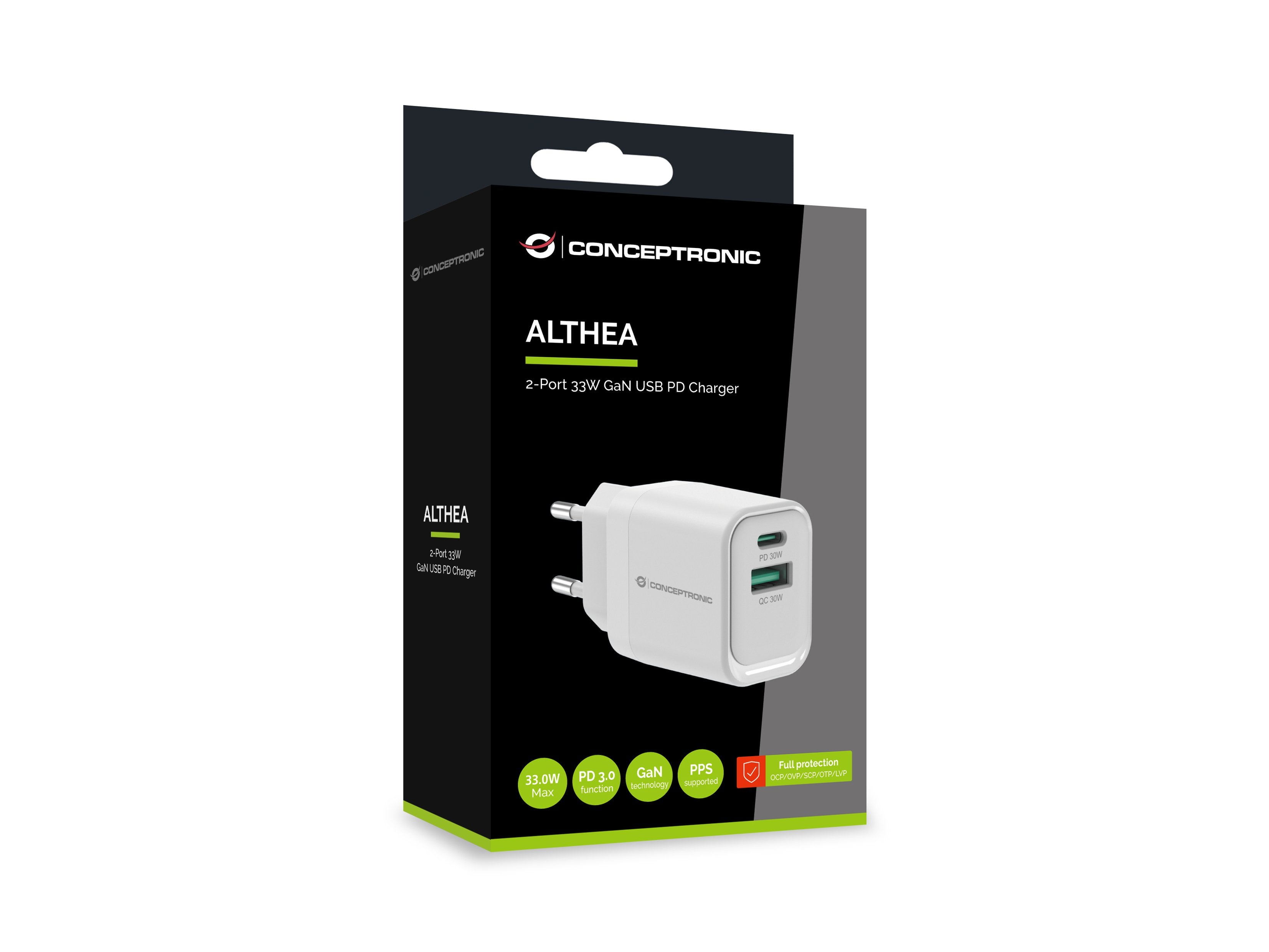 Cargador De Pared Quick Charge 3.0 Pd Pps 1puerto Usb-C 1 Puerto Usb-A Conceptronic Althea 33w