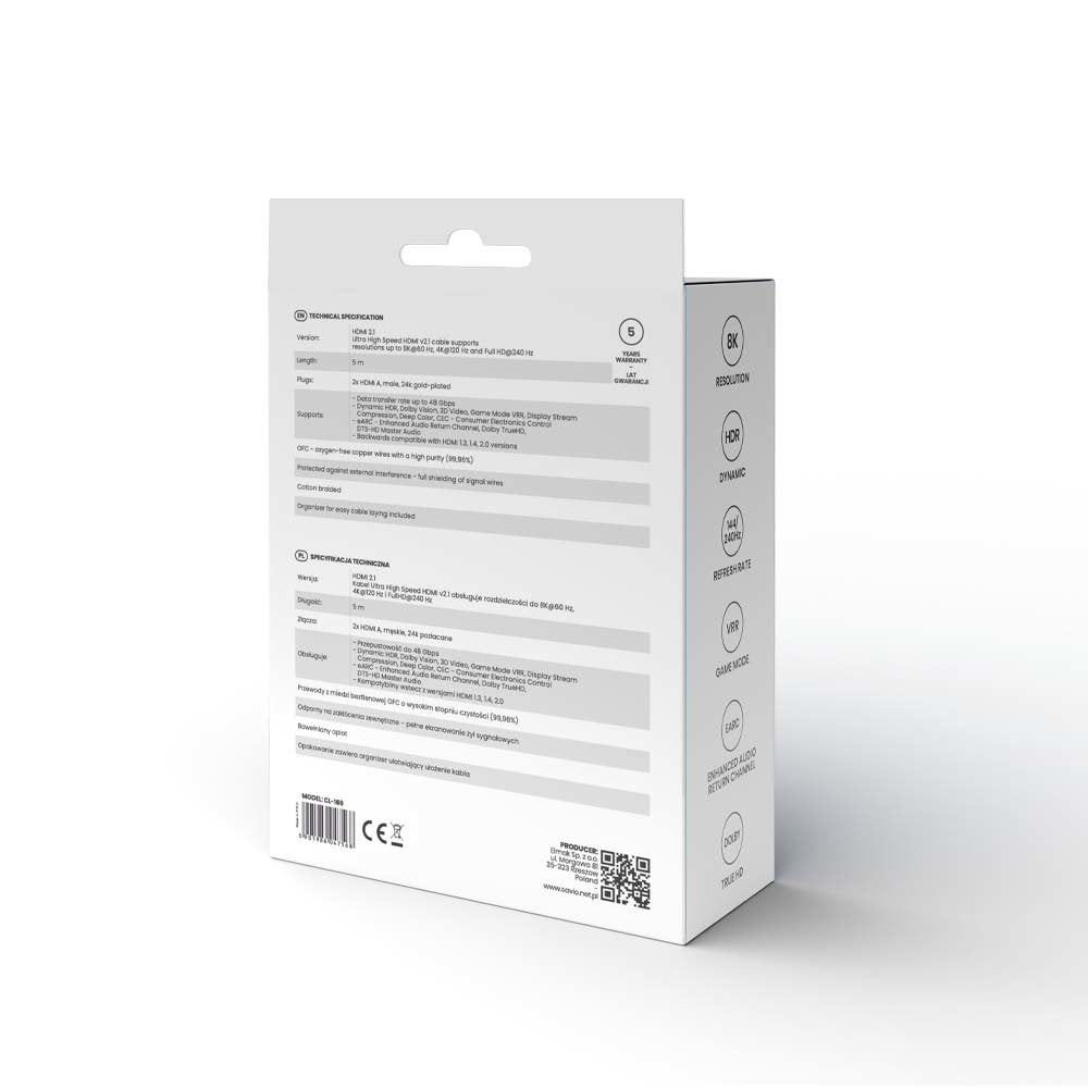 Cable Hdmi 2.1 (M) Trenzado 8k Savio Cl-169 5m