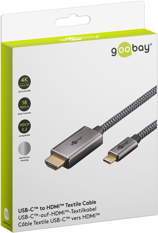 Goobay Usb Textil-Adaptadorcable, Usb-C Stecker > Hdmi Stecker, 4k / 60hz (Negro/Plata, 2 Meter) 75700