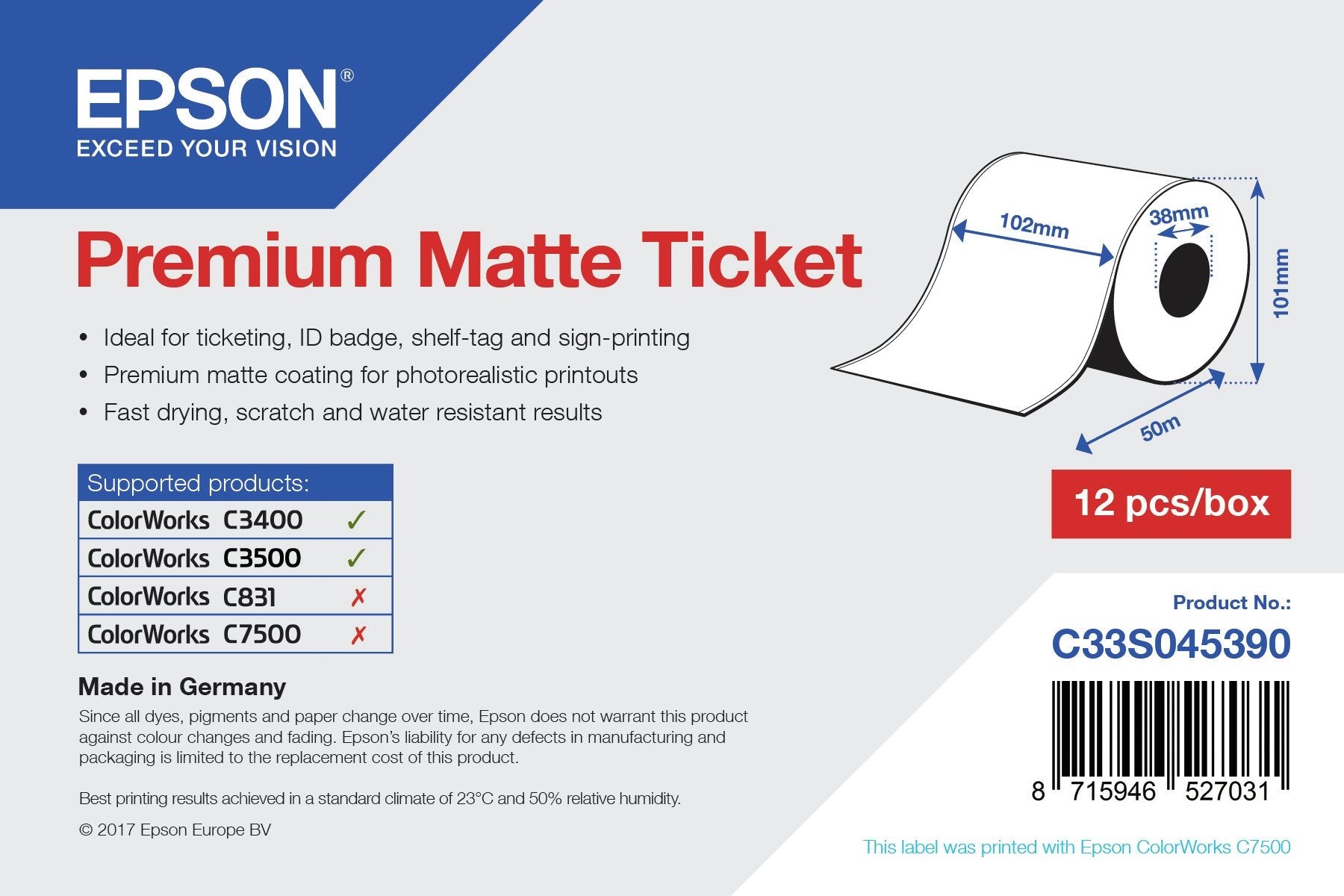 Epson Rollo De Premium Matte Ticket, 102 Mm X 50 M