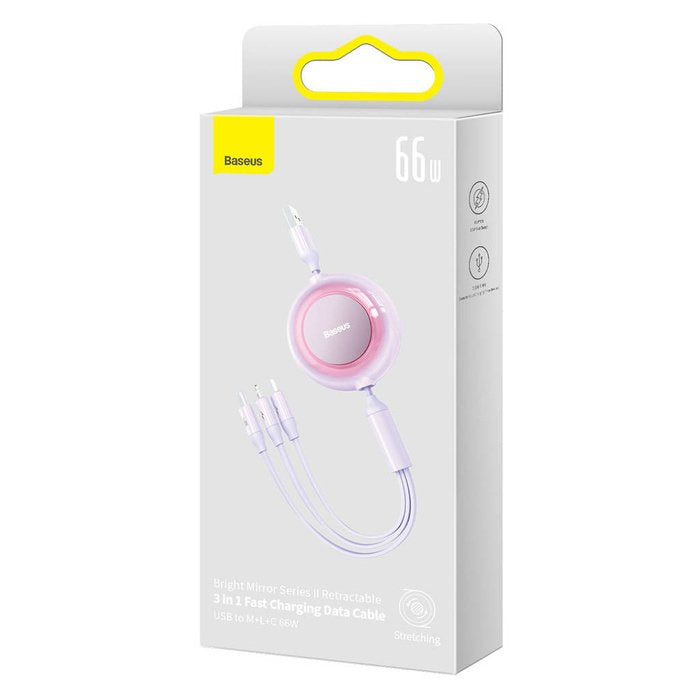 Bright Mirror 2 Series Retractable 3-In-1 Fast Charging Data Cable Usb To M+L+C 66w 1.1m Purple