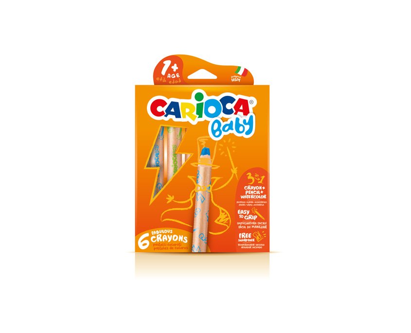 Carioca Baby 1+ 3in1 Pack De 6 Lapices - Lapiz Cera Y Acuarela En Uno - Cuerpo Extragrande - Acuarelables - Sacapuntas