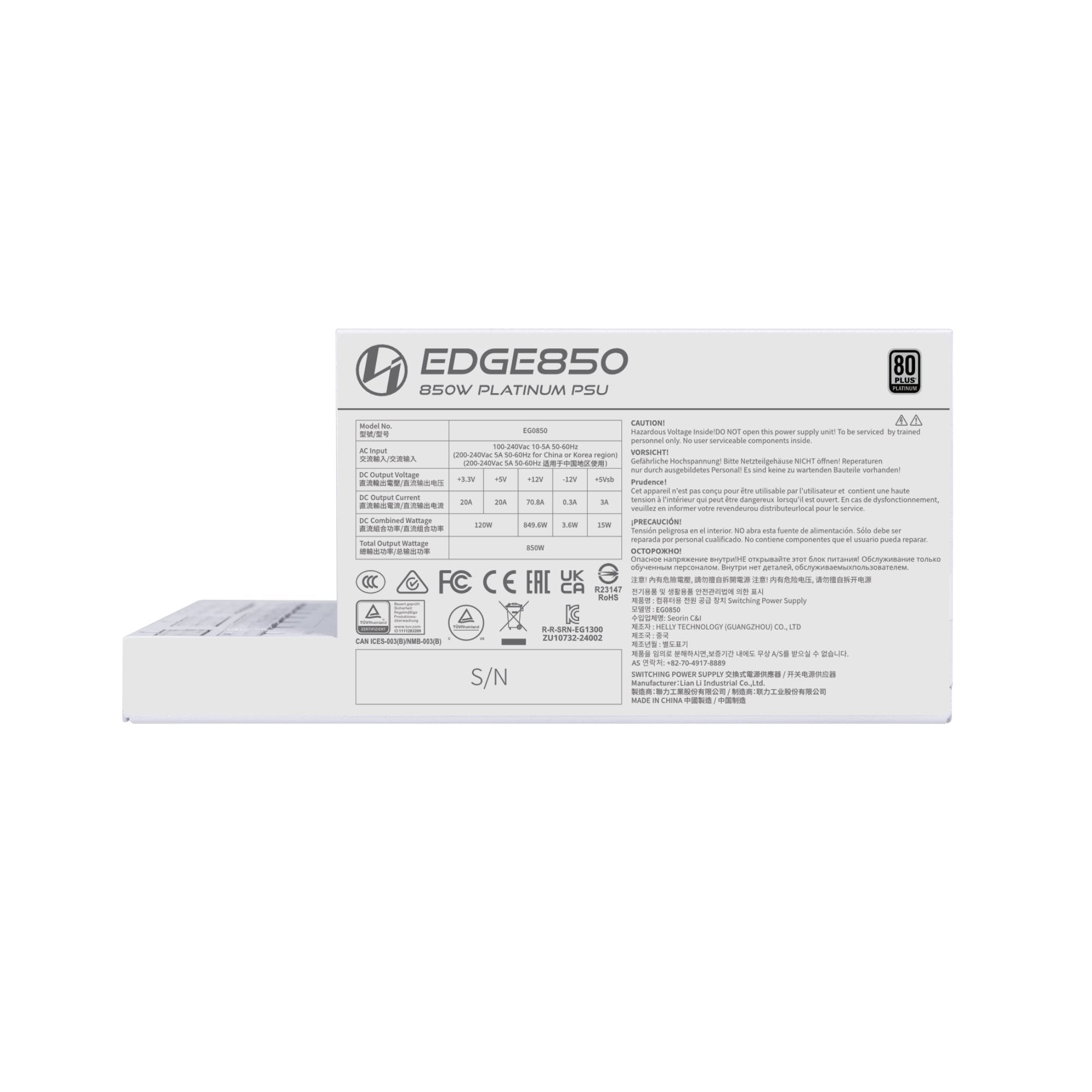 EAN 4718466015013 - Lian Li EG0850 unidad de fuente de alimentación 850 W 20-pin ATX SFX Blanco imagen 6