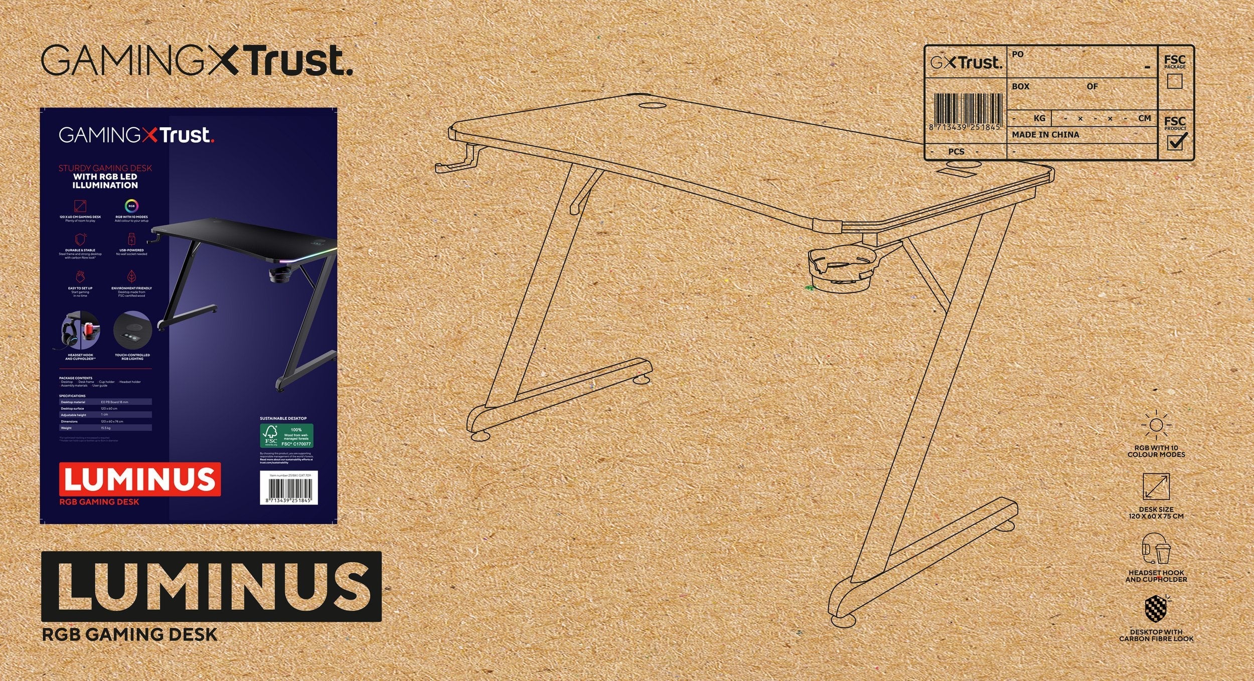 Mesa Gaming Gxt 709 Luminus Rgb Negro Trust Máximo 150kg/ 120 X 60 X 74cm/ Control De Iluminación