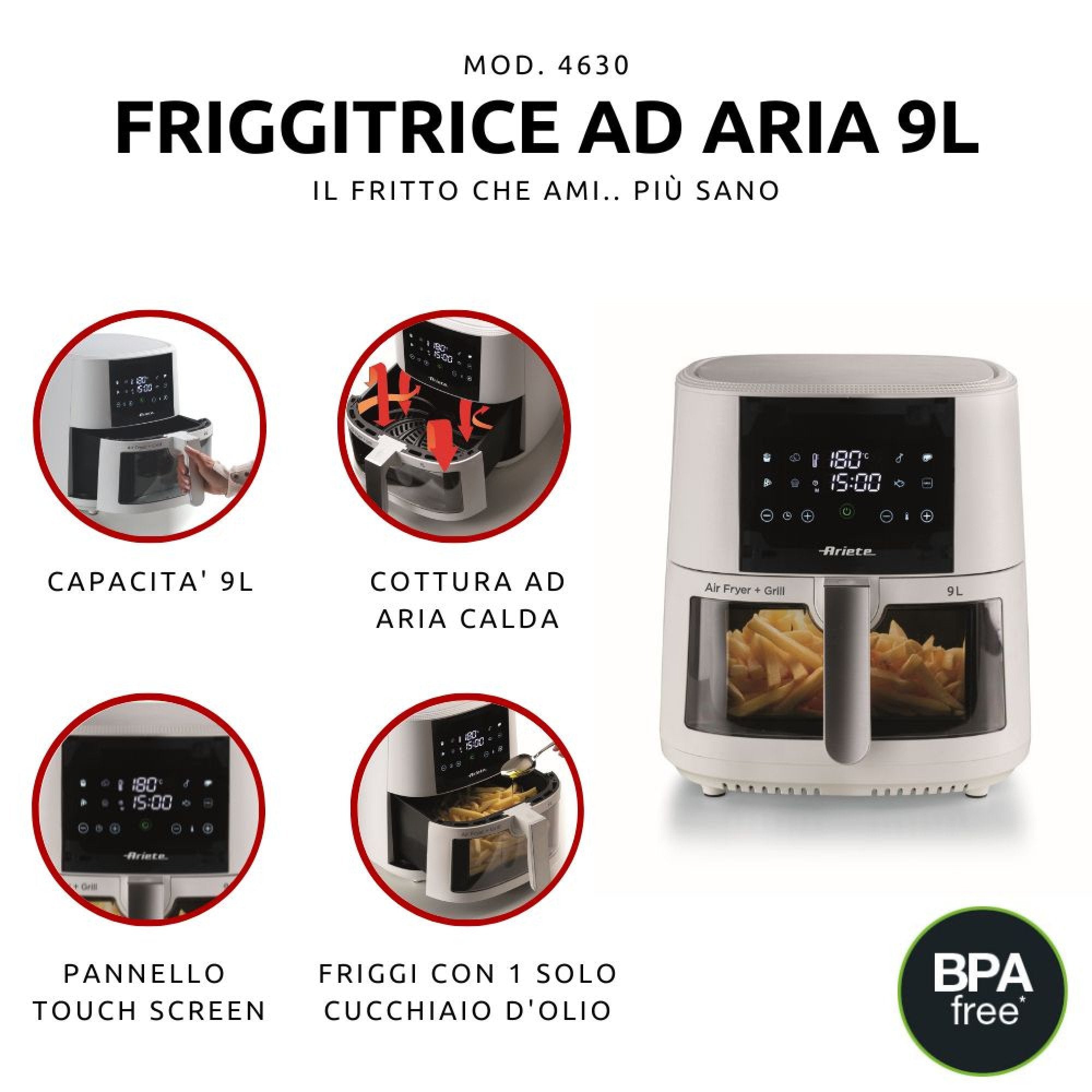 EAN 8003705122727 - Ariete 4630/03 Sencillo 9 L 1500 W Freidora de aire caliente Blanco imagen 5