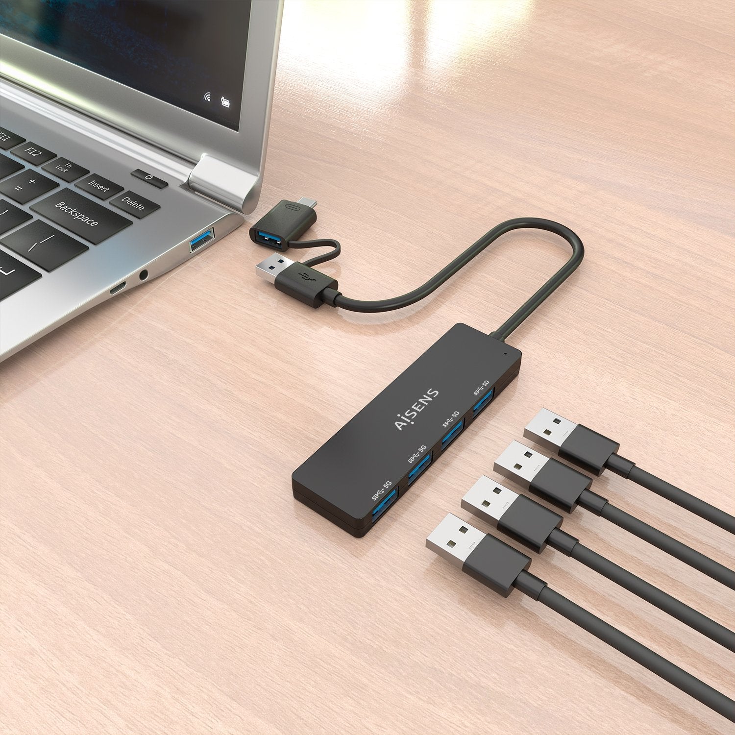 Aisens Hub Usb 3.1 Usb-C Usb-A, Usb-C/M+Usb-A/M-4xtipo A/H, Negro, 15cm