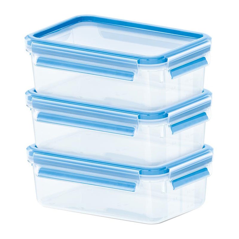 Emsa Clip & Close Recipientes Para Conservar Alimentos 1,0 Litros Transparente/Azul, Rectangulares, 3 Unidades 508558
