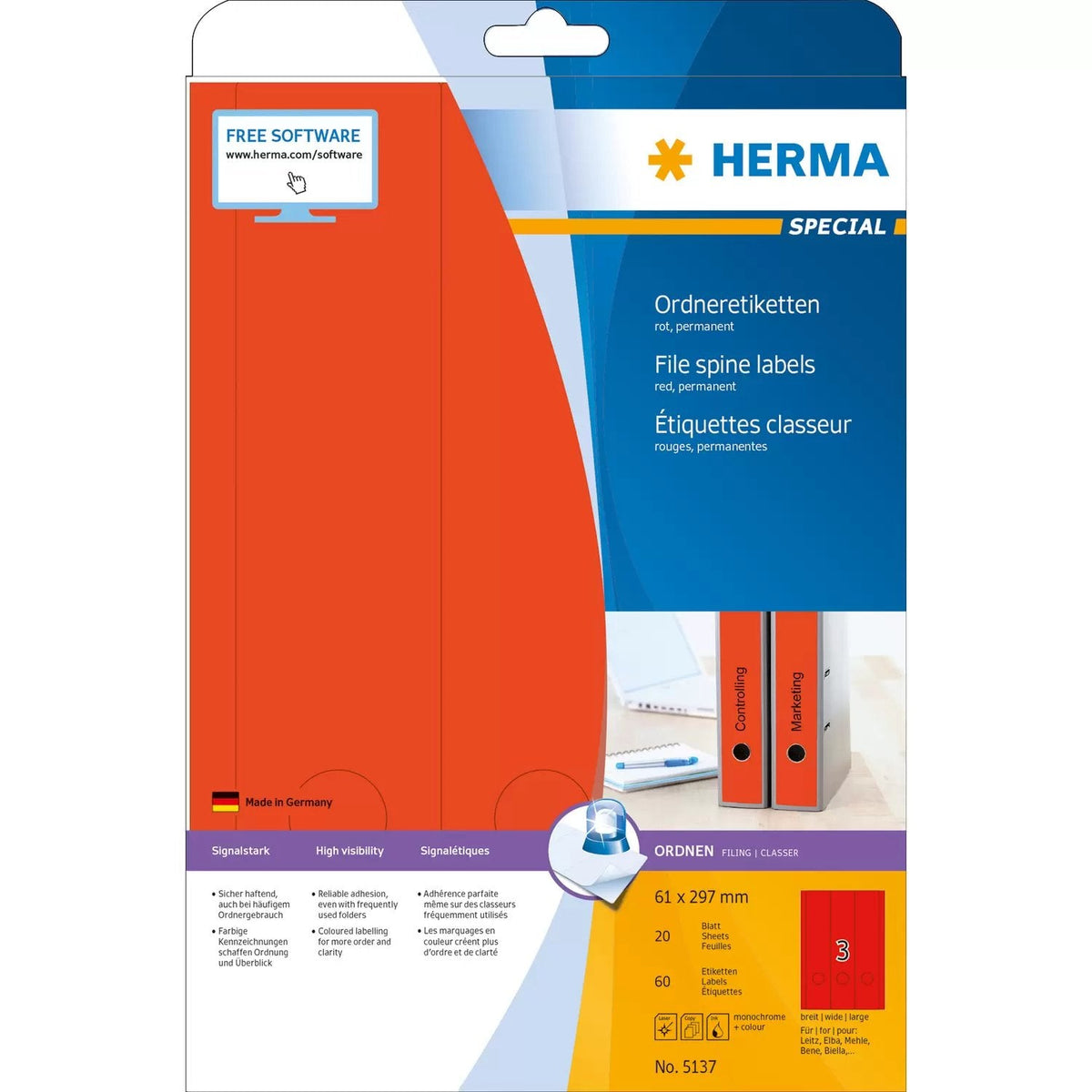 Herma Etiquetas Para Archivador 61,0 X 297,0 Mm Rojo