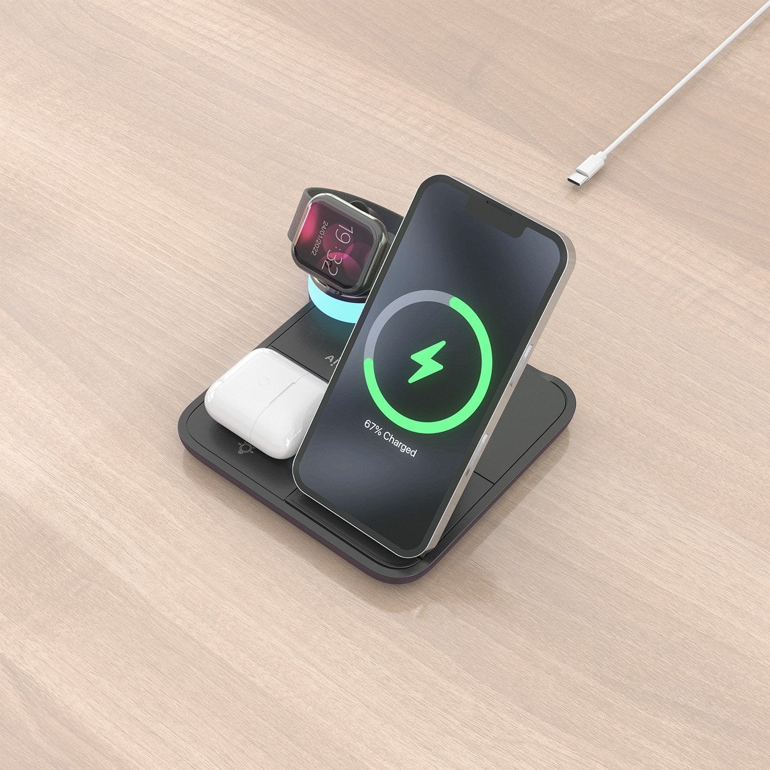 Aisens Cargador Inalambrico Usb-C 4 En 1 De 15w Para Movil, Apple Watch, Auriculares Con Estuche De Carga, Negro