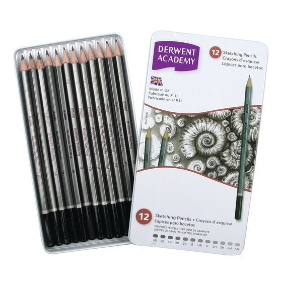 Derwent Academy Lápices De Grafito Para Sketching 5h-6b En Caja Metálica De 12ud