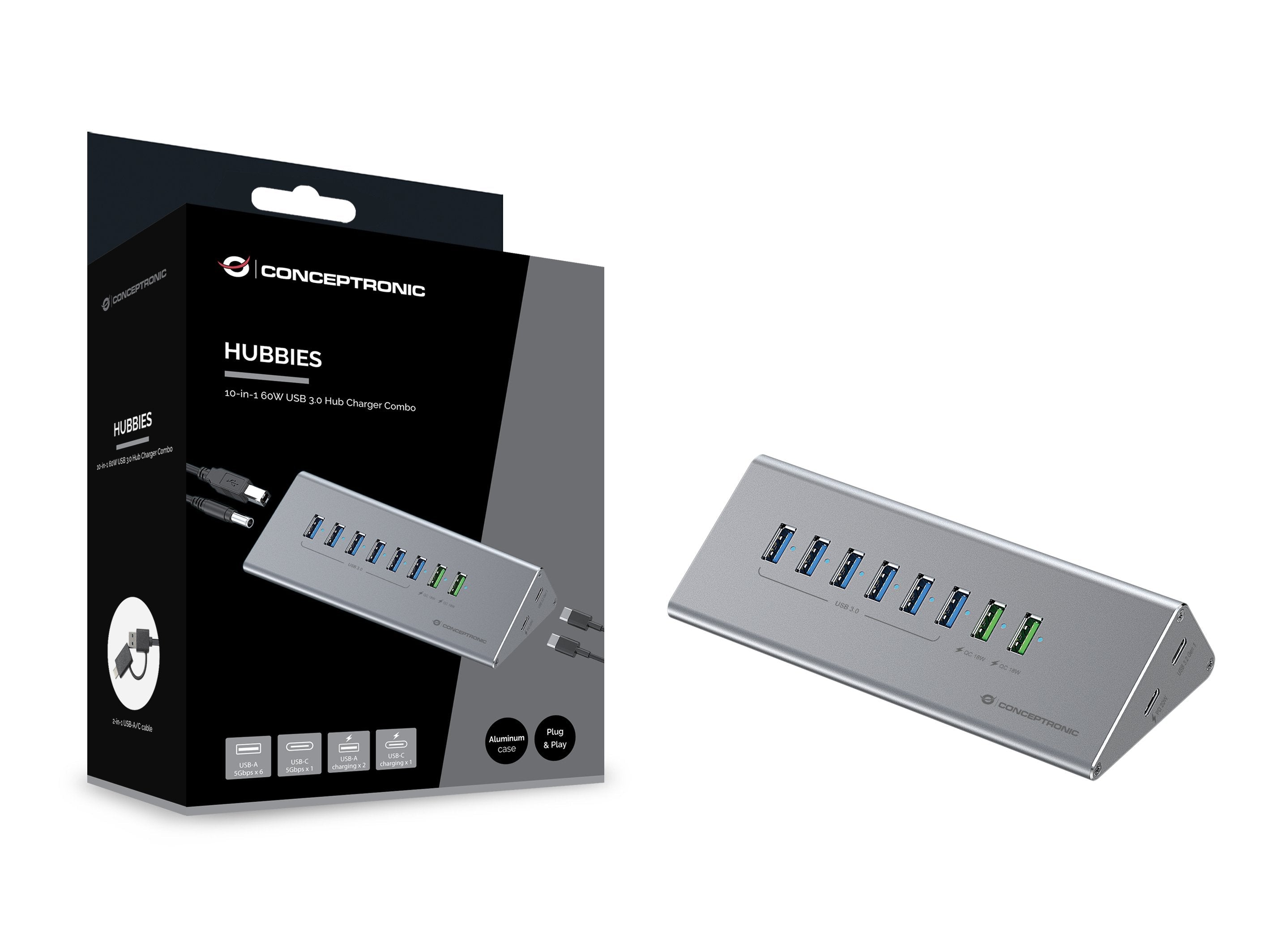 Hub Usb Conceptronic -> 8x Usb-A 60w, 2x Usb-C 3.0 Mn Si