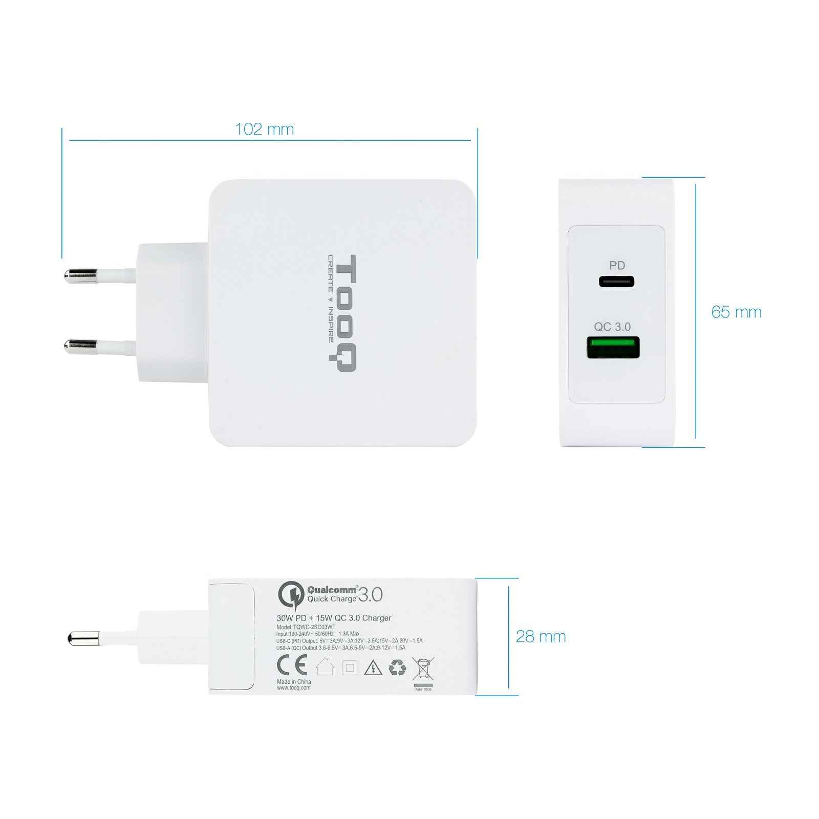 Tooq Cargador De Pared Usb 3.0, Usb-C - Carga Rapida - Blanco