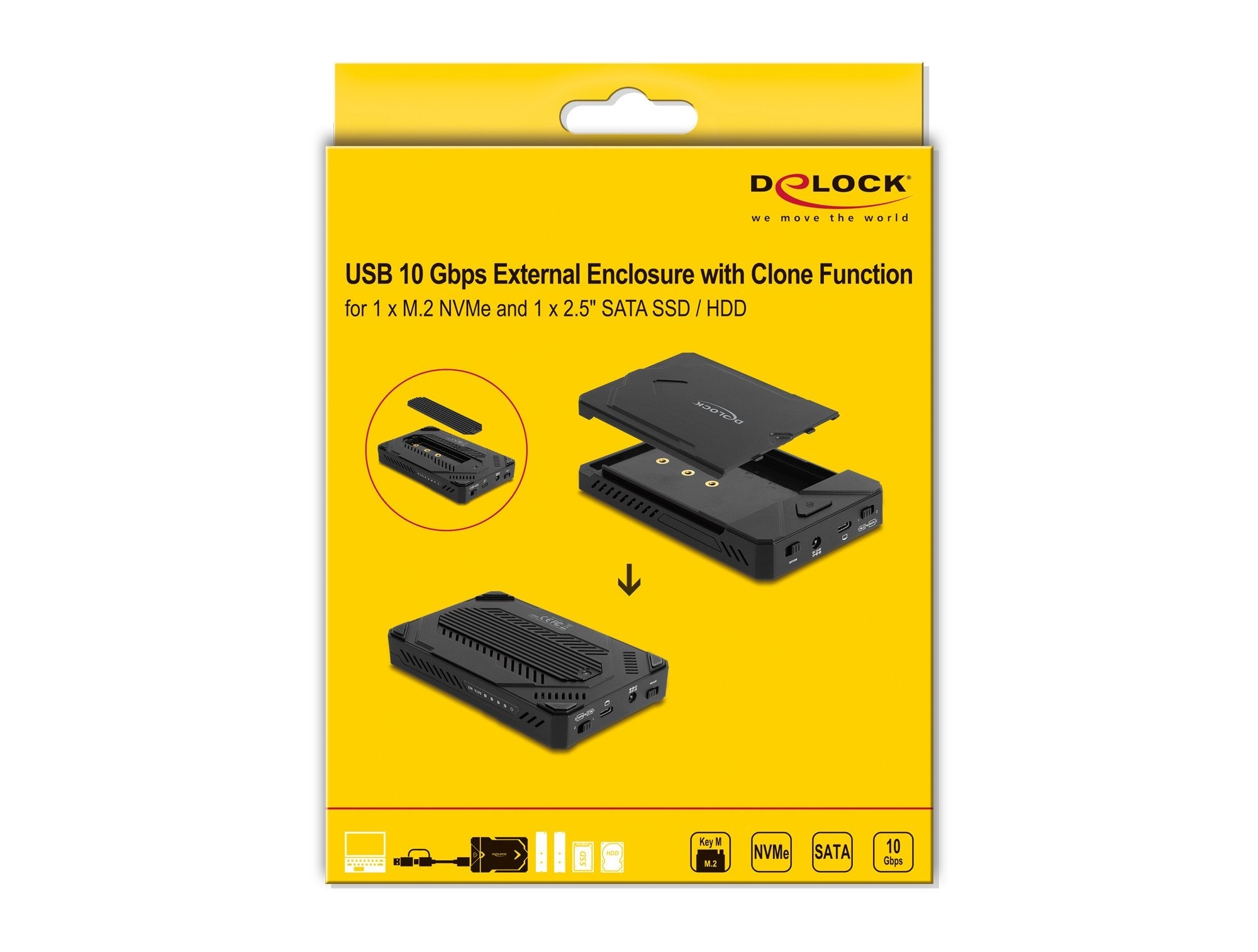 Delock 42020 Caja Esterna Usb Type-C Para 1 X Unidad Ssd M.2 Nvme + 1 X Unidad Ssd / Hdd Sata De 2.5? Con Función De Clonación.