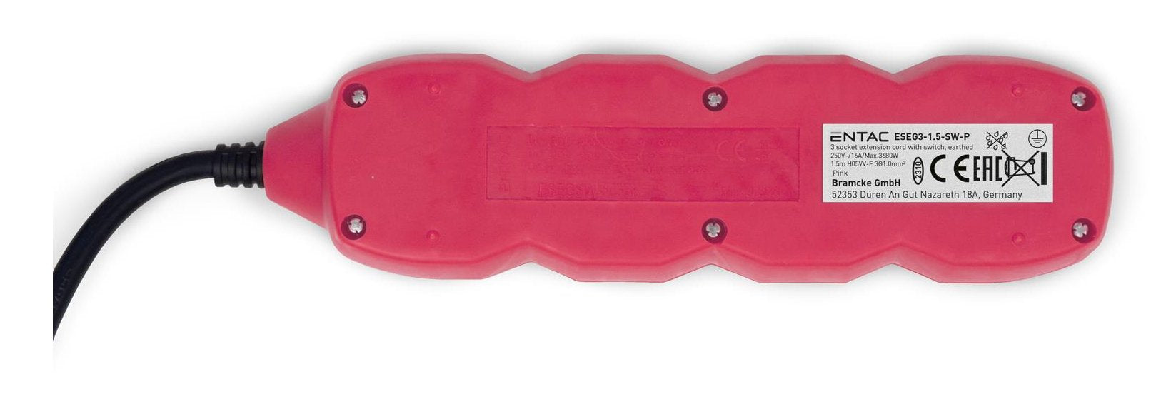 Regleta Entac De 3 Tomas Con Interruptor, Cable 1,5 M, Rosa