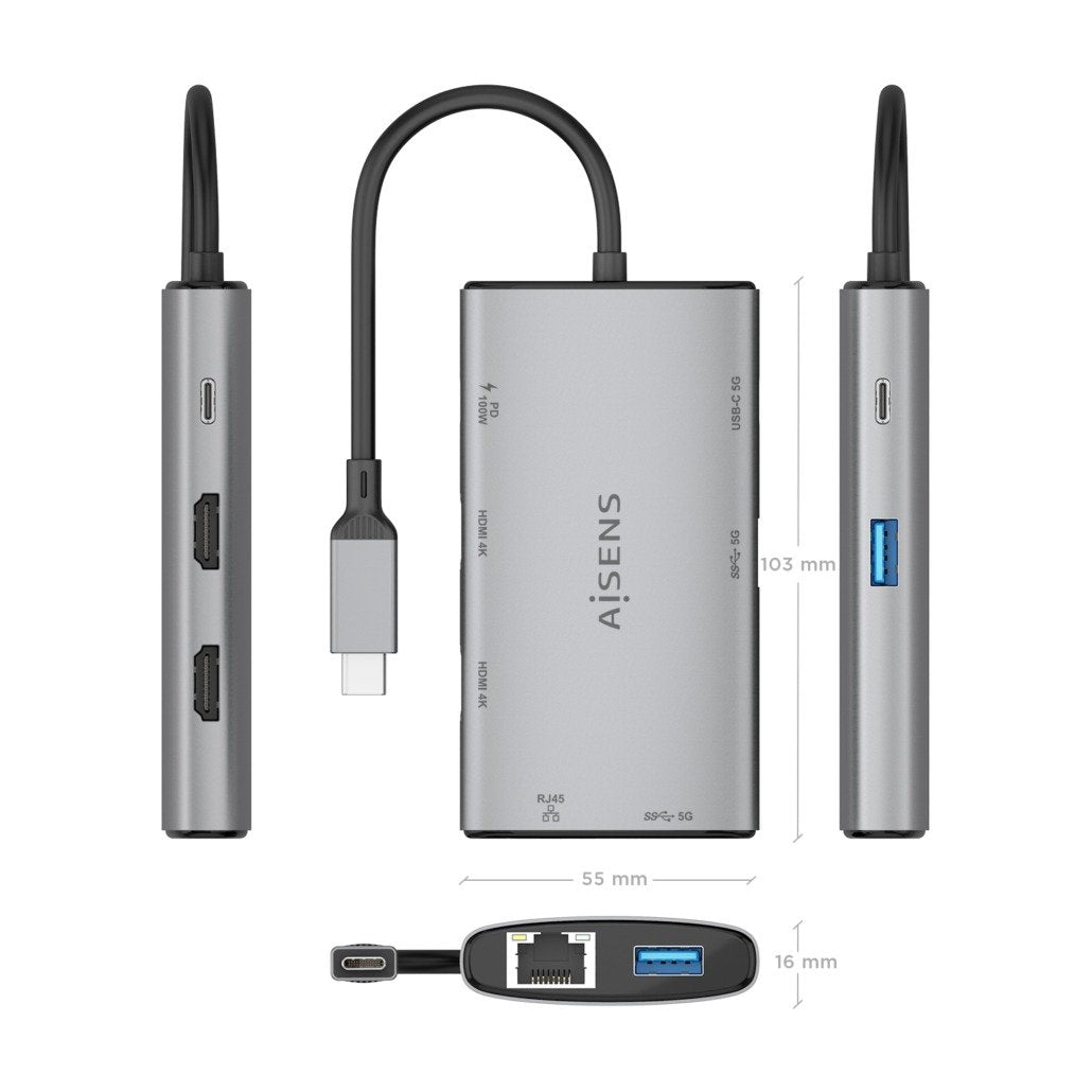 Aisens Usb-C Dock 7 En 1, Usb-C A 2xhdmi 4k, 1xrj45, 2xusb-A Usb3.0, 1xusb-C, 1xusb-C Pd100w, Gris, 20cm