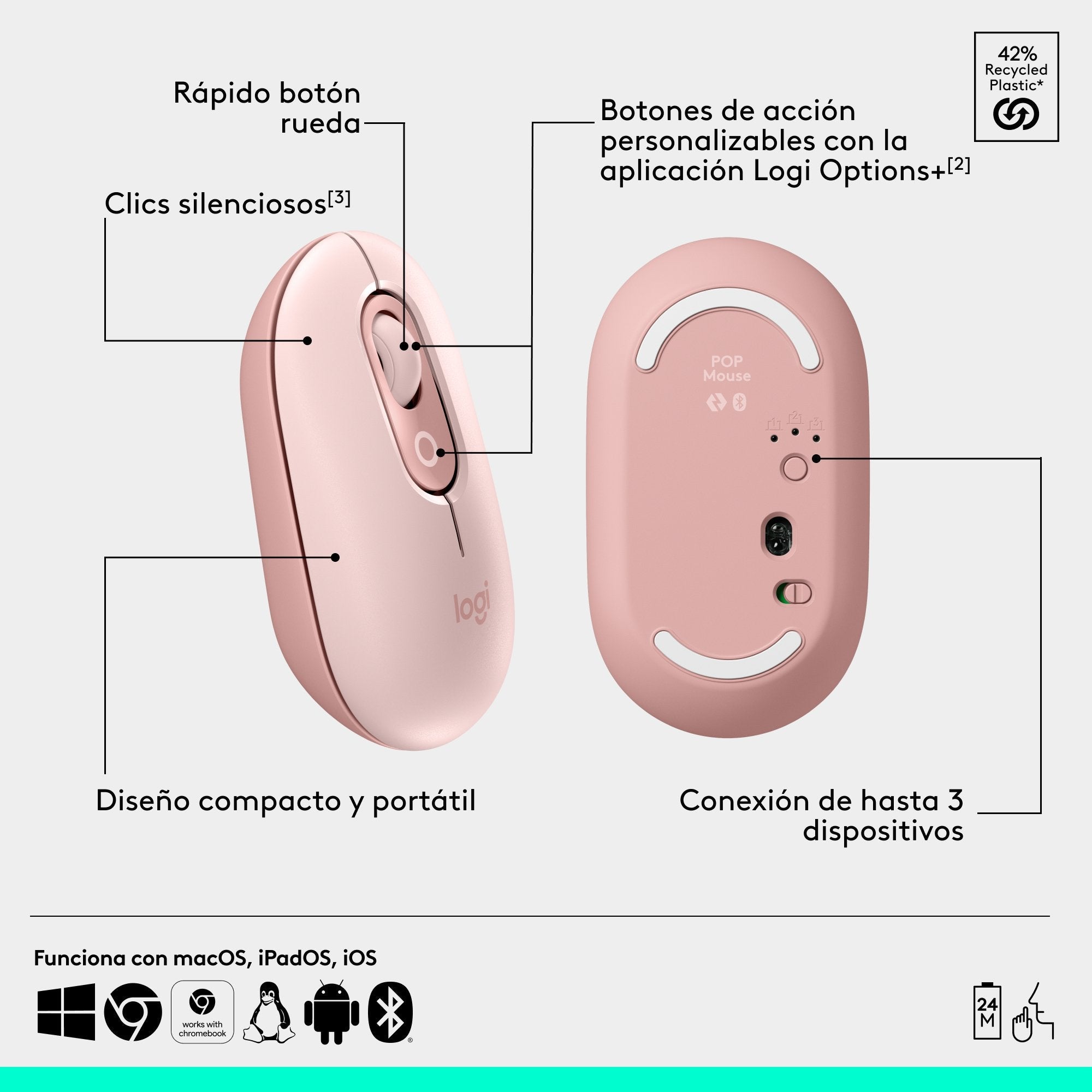 Logitech Pop Mouse, Ratón Inalámbrico Bluetooth Rosa