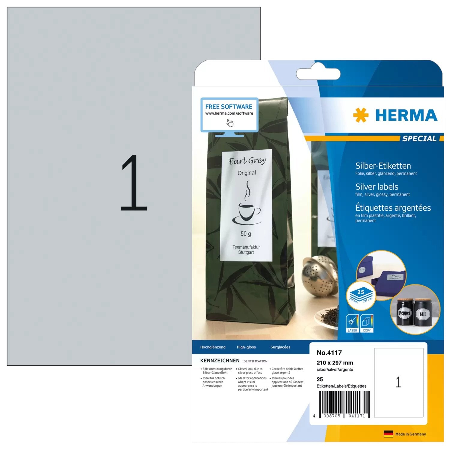 EAN 4008705041171 - HERMA 4117 etiqueta de impresora Plata Etiqueta para impresora autoadhesiva imagen 1