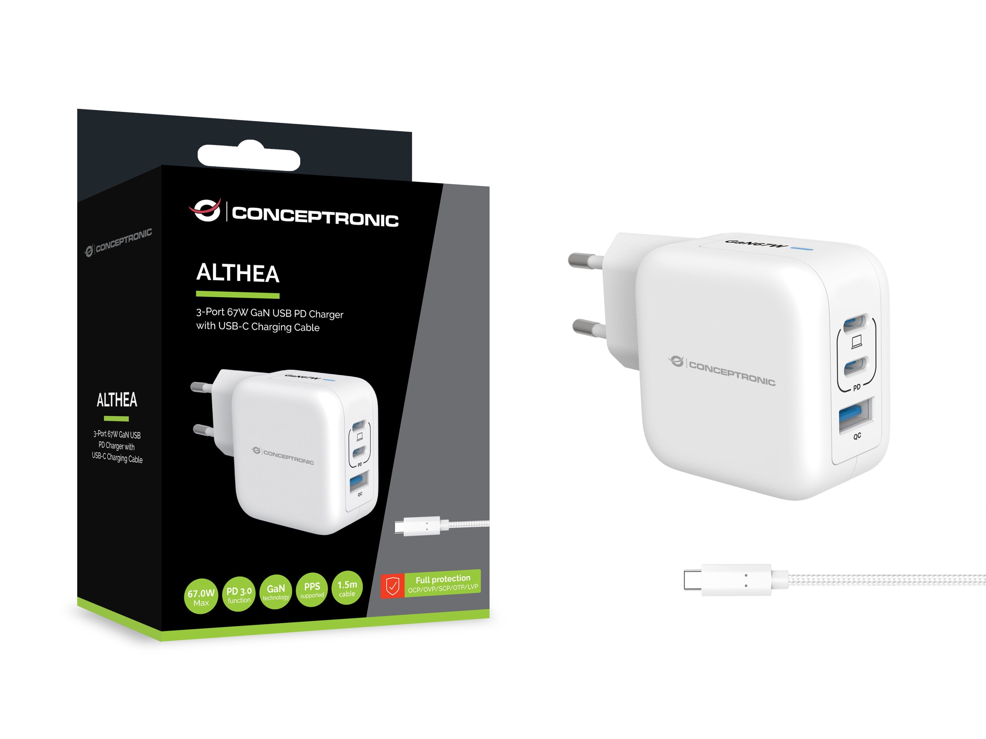 Conceptronic Cargador 3port 67w,2xusb-C,1xusb-A 1.5m Ws