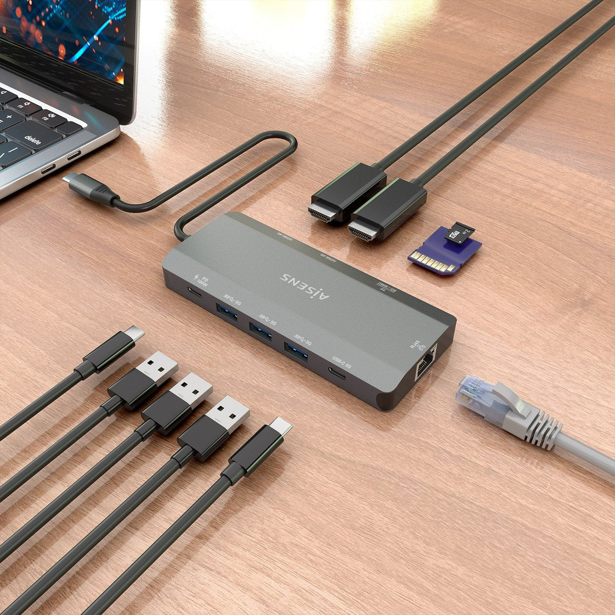 Docking Usb Tipo-C Aisens Asuc-10p052-Gr 2xhdmi 4k 1xrj45 3xusb 1xusb Tipo-C 1xusb Tipo-C Pd 1xlector De Tarjetas Gris