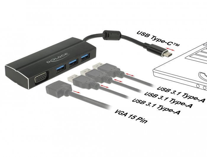 Delock Usb 3.2 Gen 1 Multiport Hub, Conector Usb-C> 3x Usb-A + Vga Socket, Usb Hub Black, 15 Cm 63932