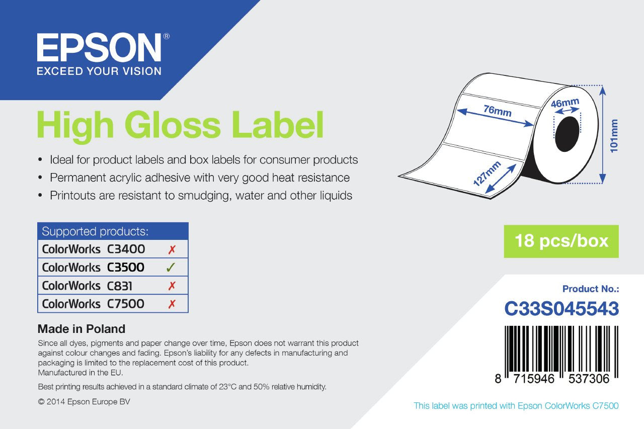 Epson High Gloss Label - Die-Cut Roll: 76mm X 127mm, 250 Labels