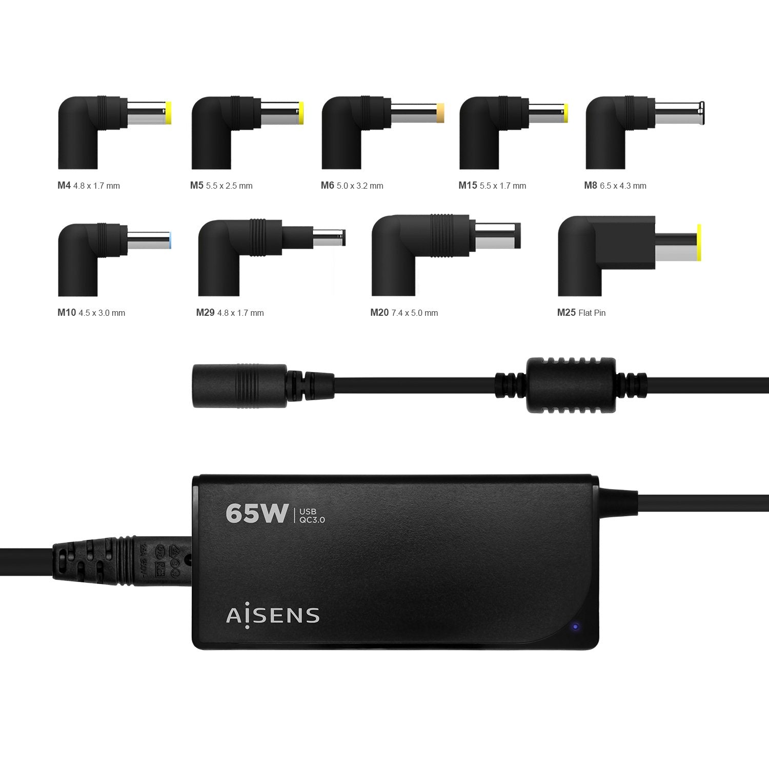 Aisens Cargador 65w Automatico Universal Para Portatil 9 Conectores + Usb-A Qc.3.0 - Negro