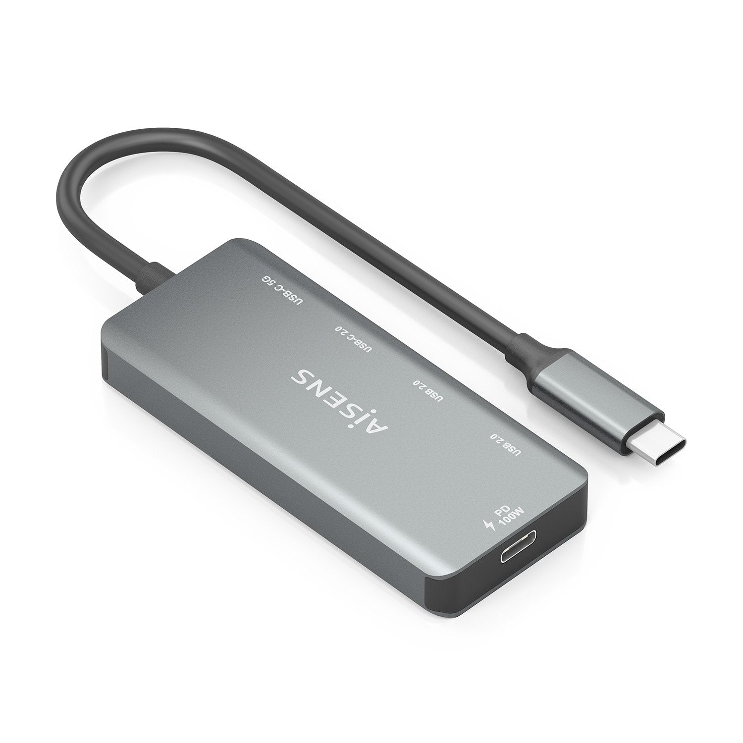 Aisens Hub Usb 3.1 Usb-C, Usb-C/M-1xusb-C Pd 100w+1xusb-C Usb3.0/H+1xusb-C Usb2.0/H+2xusb-A Usb2.0/H, Gris, 15cm
