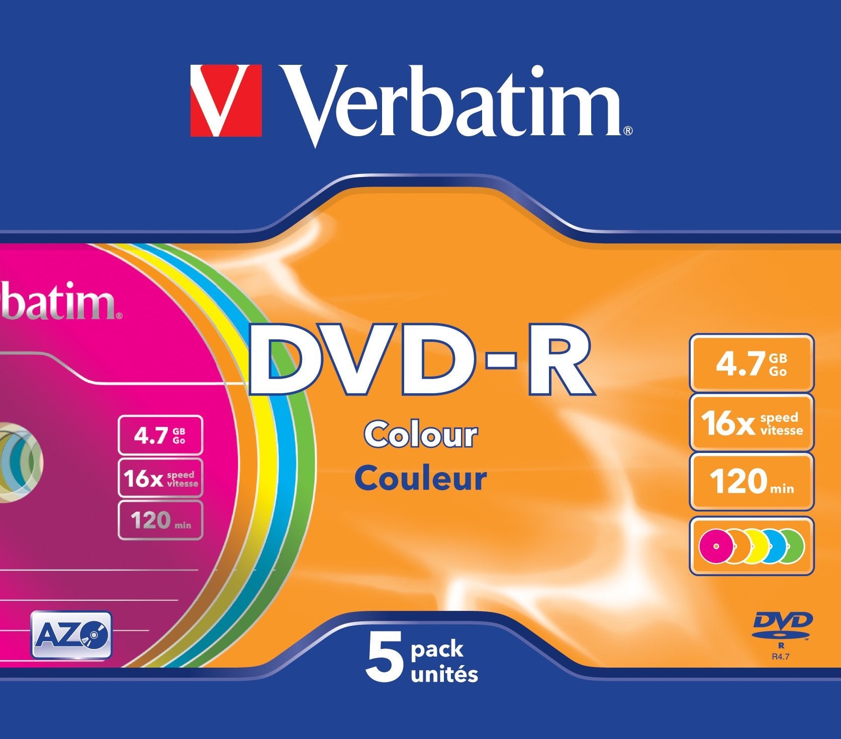 Verbatim Dvd-R 120 Min. 4.7gb 16x 5-Pack Slim Jewelcase Datalife Plus, Color Surface
