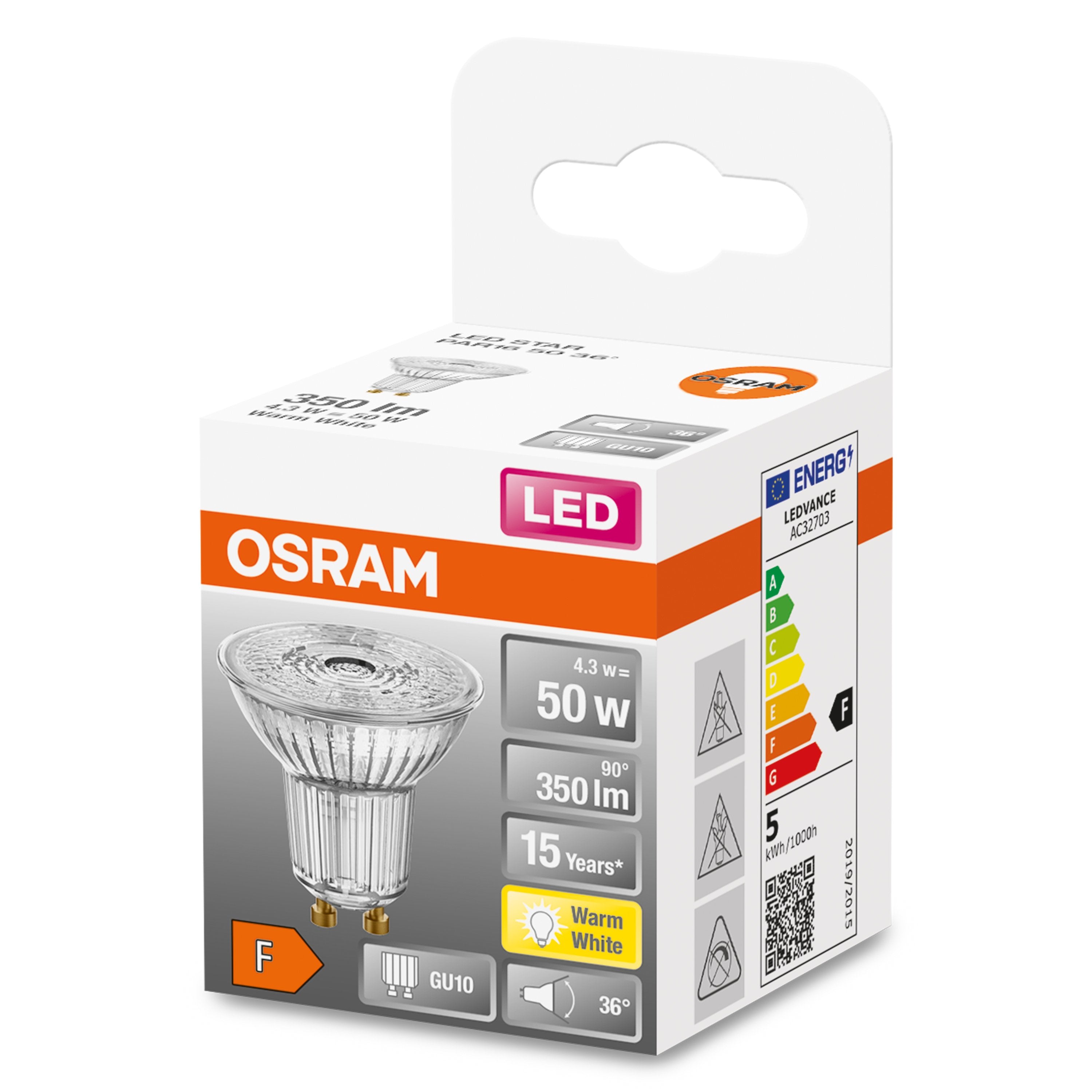 Osram Led Star Par16 36° 4,3w 827 Gu10 350lm 2700k (Cri 80) 15000h A+ (Krabicka 1ks)