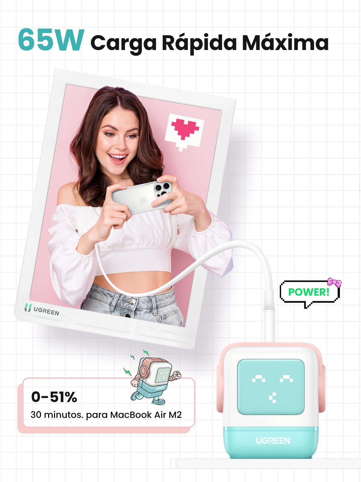 EAN 6941876238552 - Ugreen Uno RG 65W 3-Port GaN Fast Charger pink blue Ordenador portátil, Teléfono móvil, Portátil, Tableta imagen 4