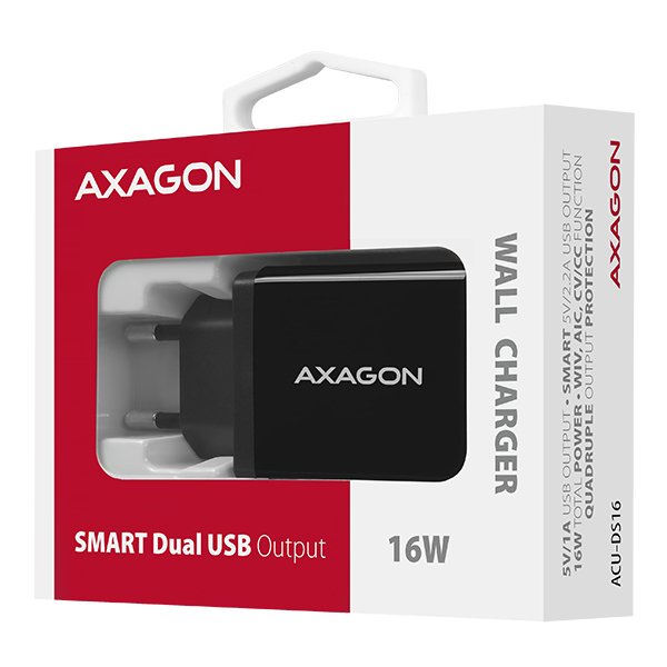 Axagon Acu-Ds16, Cargador De Red Smart, 2x Salidas Usb 5v / 2.2a + 5v / 1a, 16w