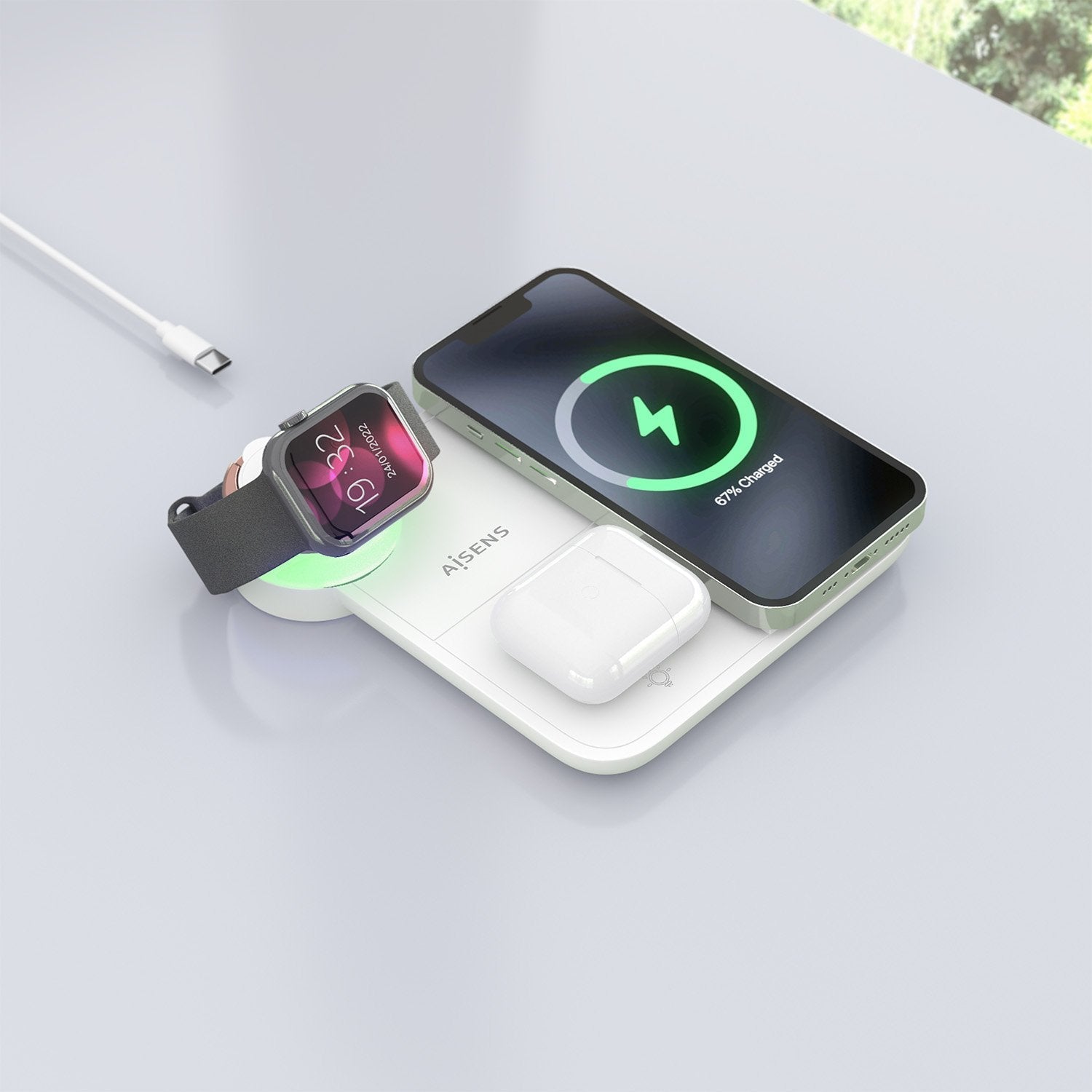 Aisens Cargador Inalambrico Usb-C 4 En 1 De 15w Para Movil, Apple Watch, Auriculares Con Estuche De Carga, Blanco